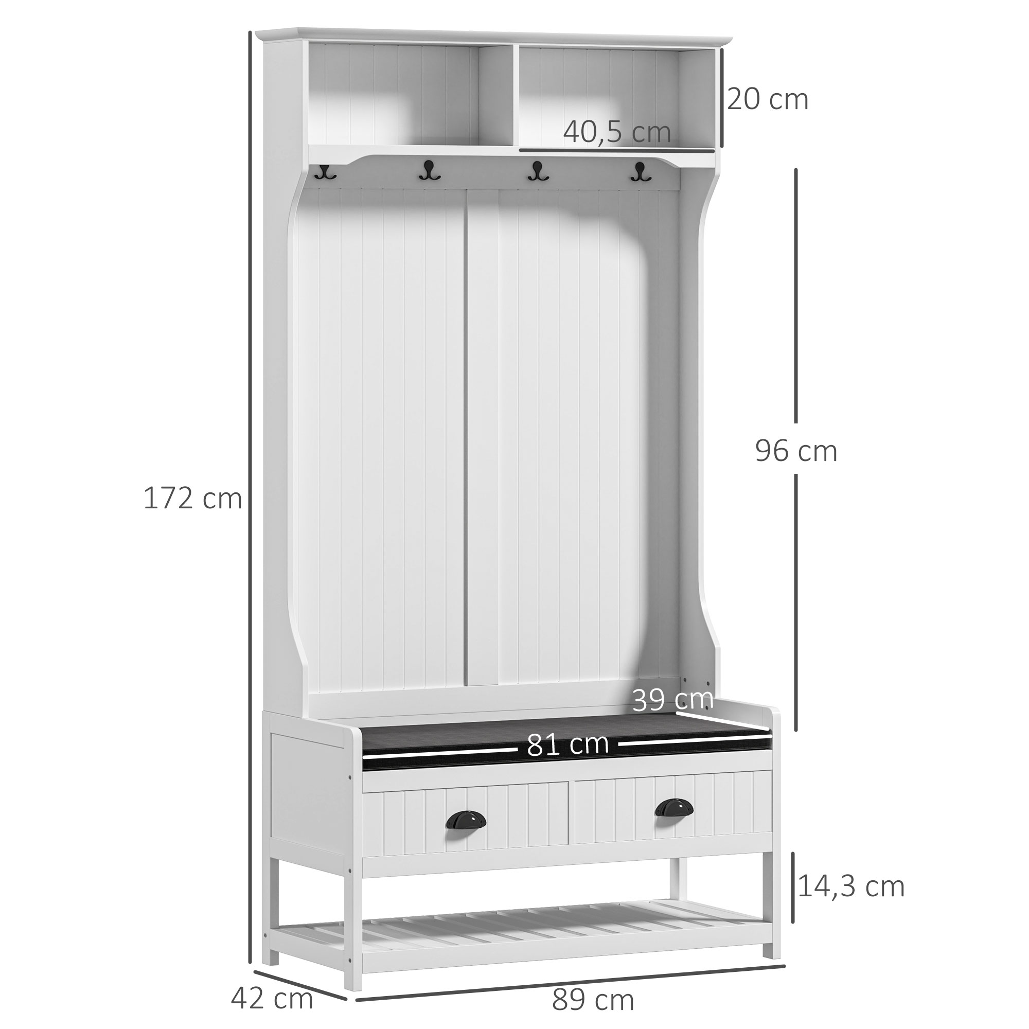 HOMCOM Kapstok met Haken, Garderobe met Schoenenbank, voor Entree, Hal, Metaal, MDF, Wit+Grijs