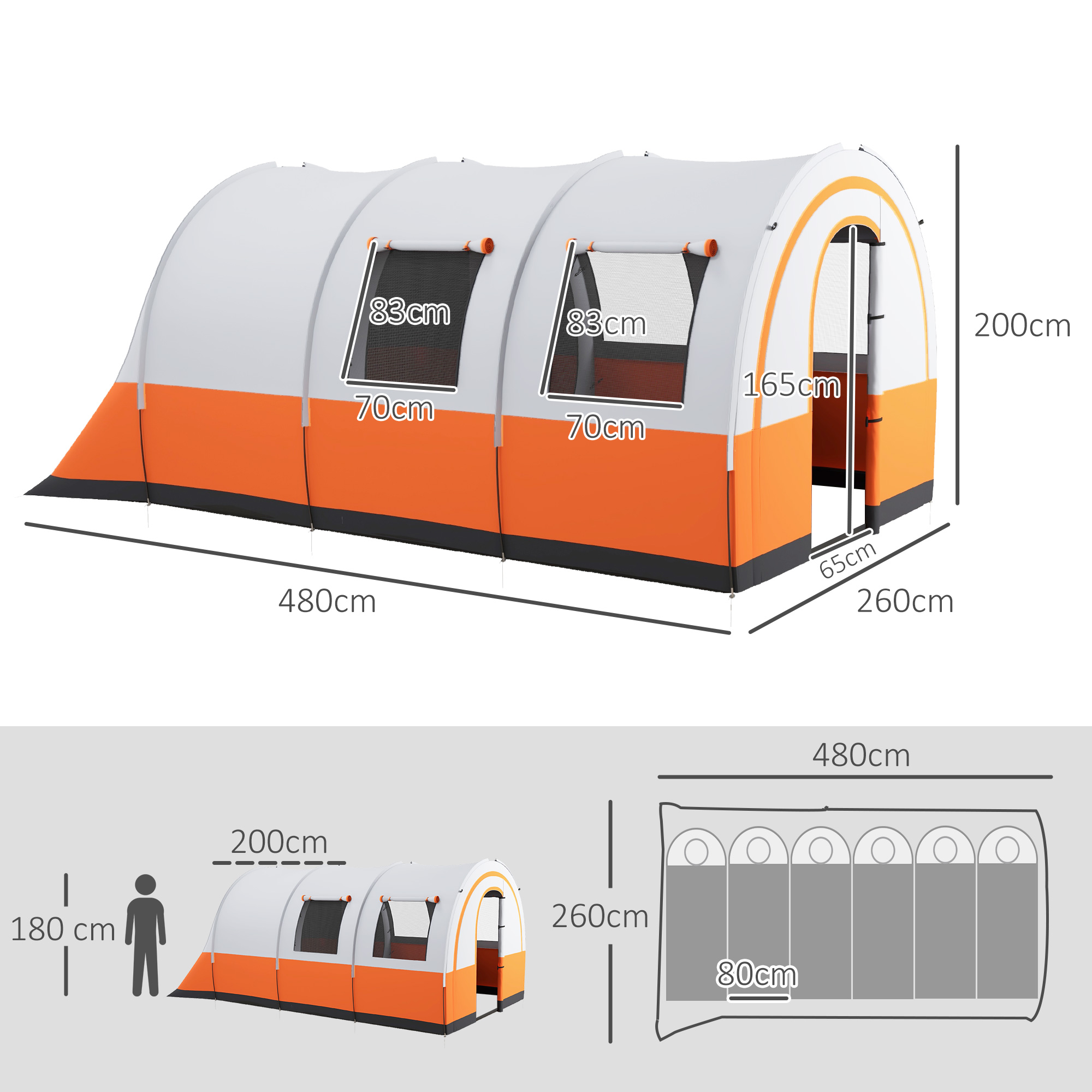 Outsunny Campingtent tot 6 Pers, FamilieTent, Aparte Ruimtes, Waterdicht, Crèmewit