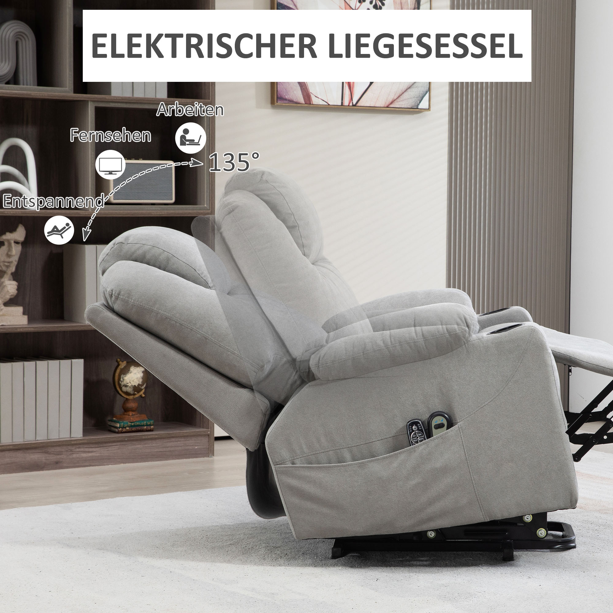 HOMCOM Massagestoel met Opsta-hulp voor Senioren, 8 Vibratiepunten, 2 Zijzakken, Drankhouder, 90 x 101 x 107 cm, Grijs