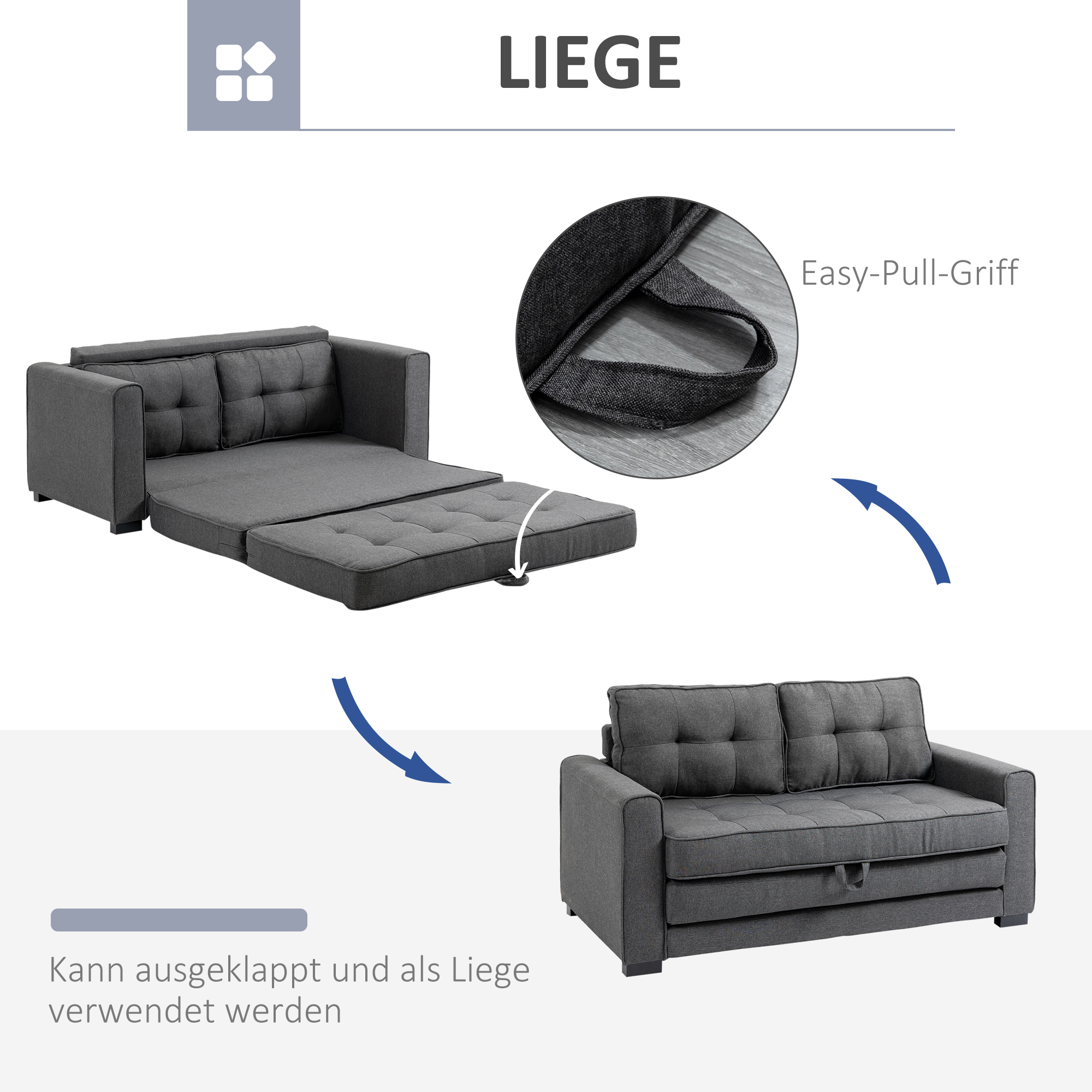 HOMCOM Multifunctionele Slaapbank Grijs | Comfortabele 2-Zits Sofa met Slaapfunctie | Ideaal voor Kleine Ruimtes