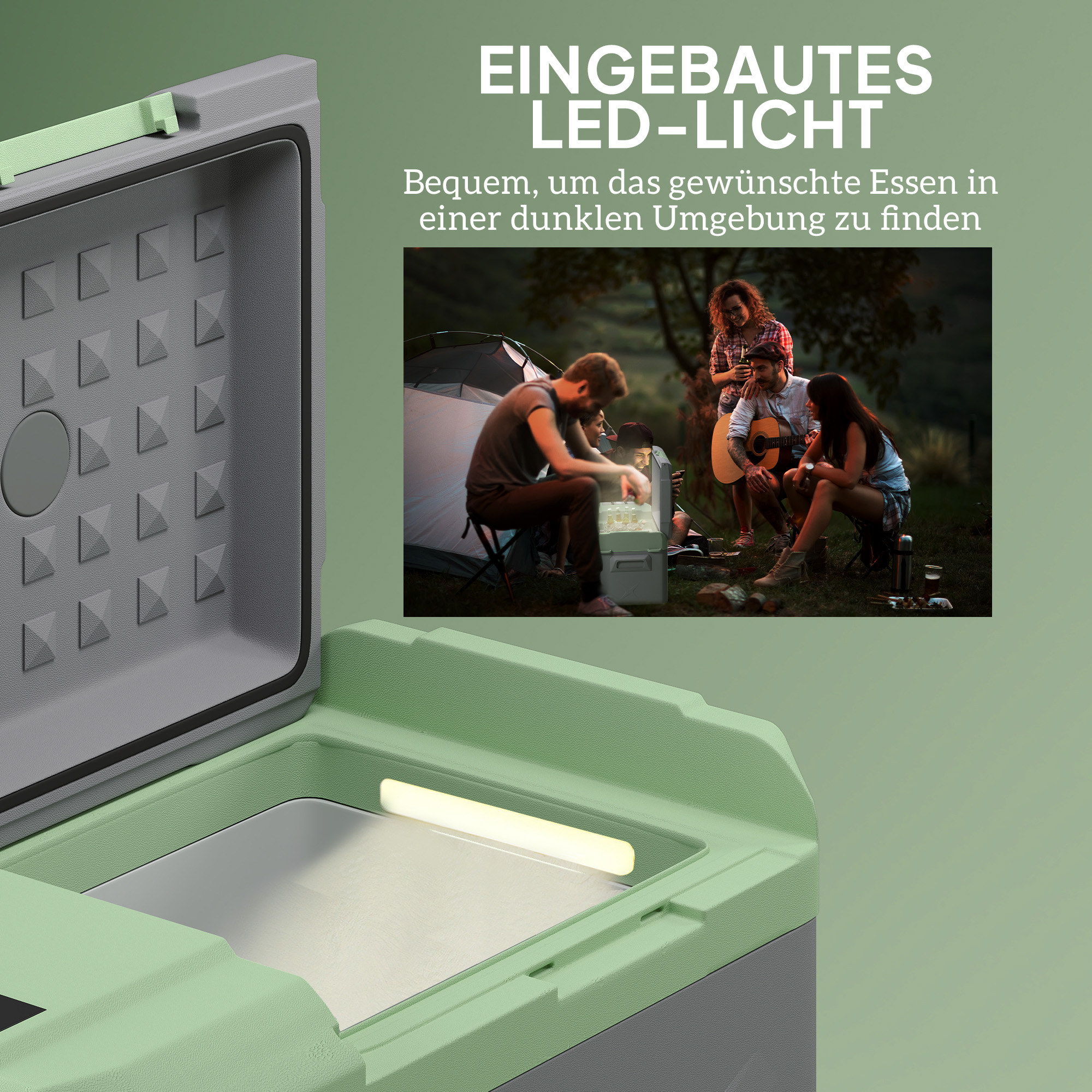 Outsunny 24,2 Liter Campingkoelkast, Autokoelkast, Koelbox met LED-Licht, AC- en DC-Adapters, Stille Werking, Grijs+Groen