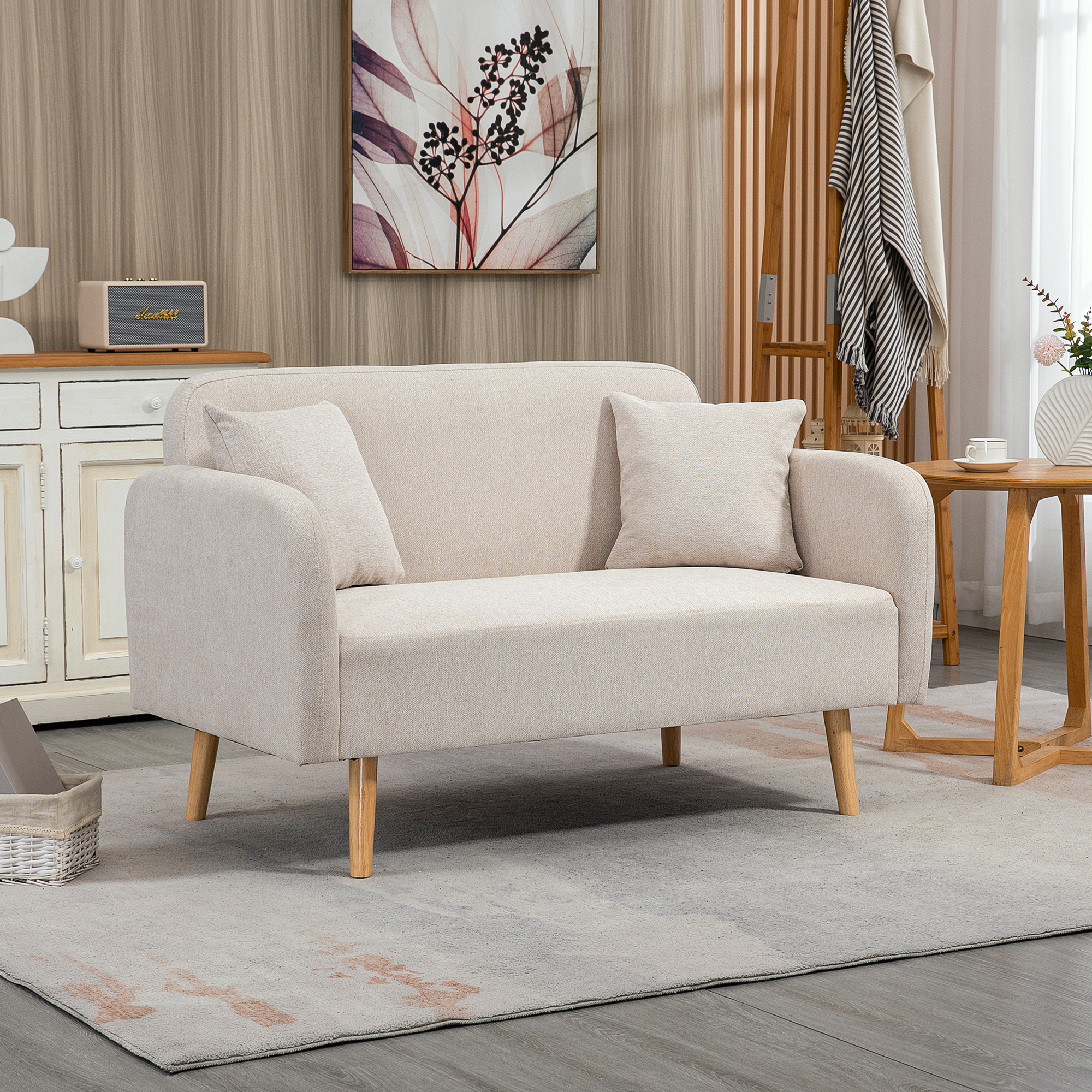 HOMCOM 2-zitsbank, Moderne Design Bank, inclusief 2 kussens, houten poten, 130 x 70 x 80 cm, Crème