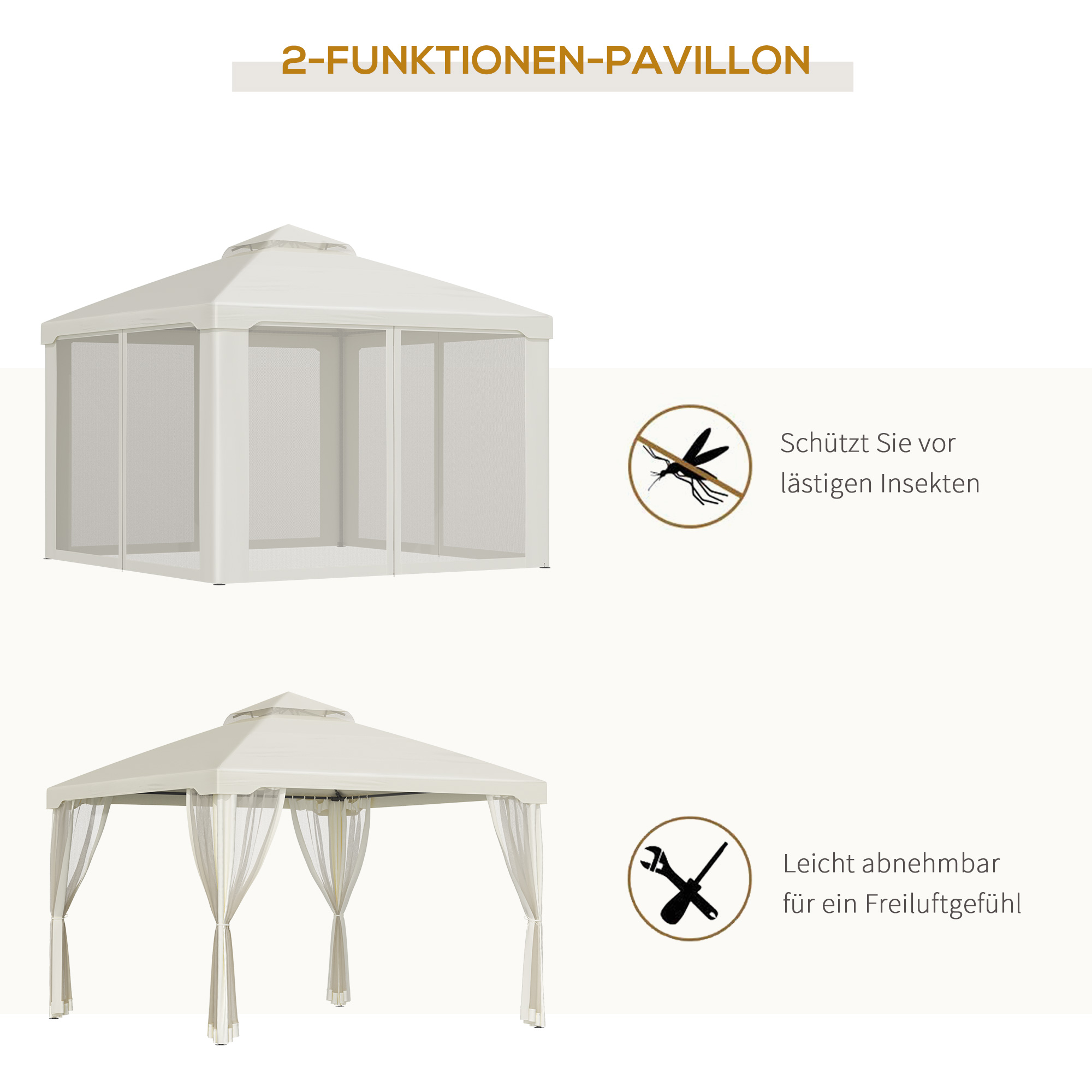 Outsunny tuinpaviljoen gazebo tuintent partytent met 4 x zijwand weerbestendig metaal + polyester crème wit 3 x 3 x 2.6 m