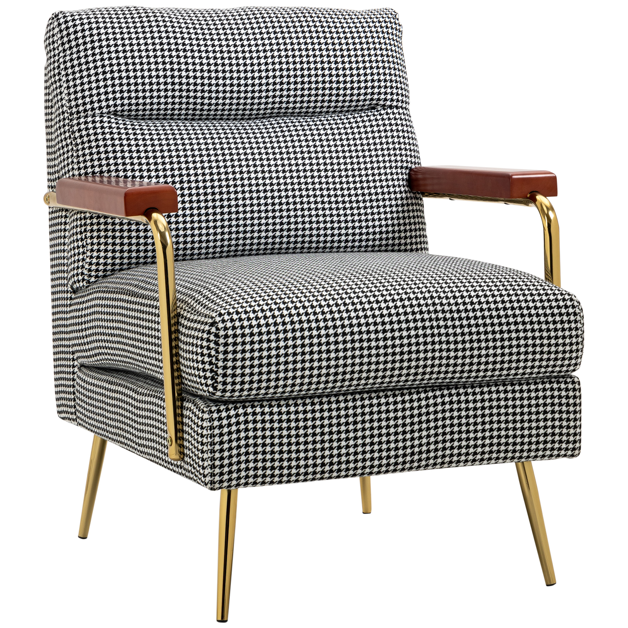 HOMCOM Fauteuil in retrodesign, accentstoel, pied-de-poulepatroon, houten elementen, binnenvering, zwart+wit
