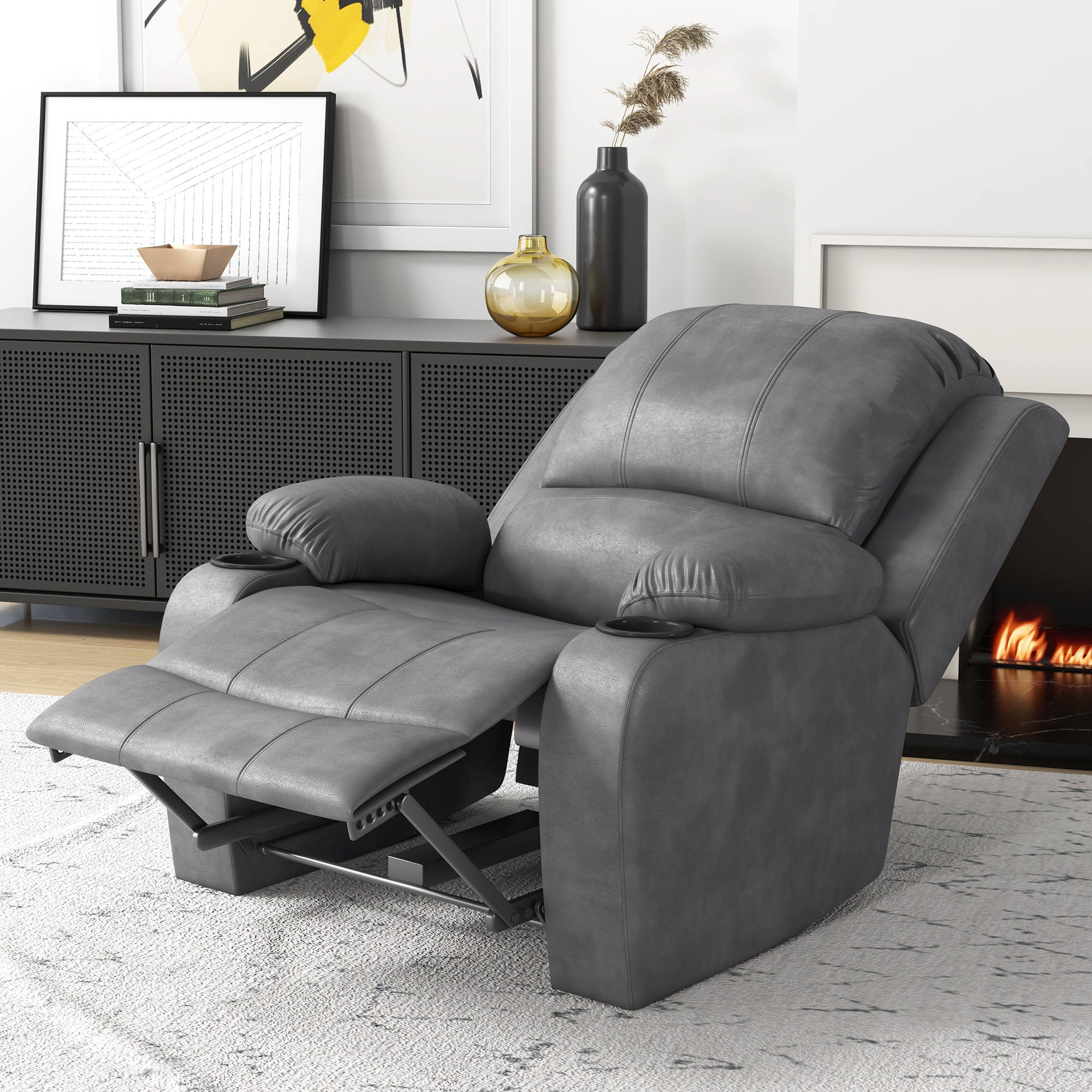 HOMCOM Fauteuil met voetsteun en ligfunctie, incl. bekerhouder, tv-fauteuil, grijs