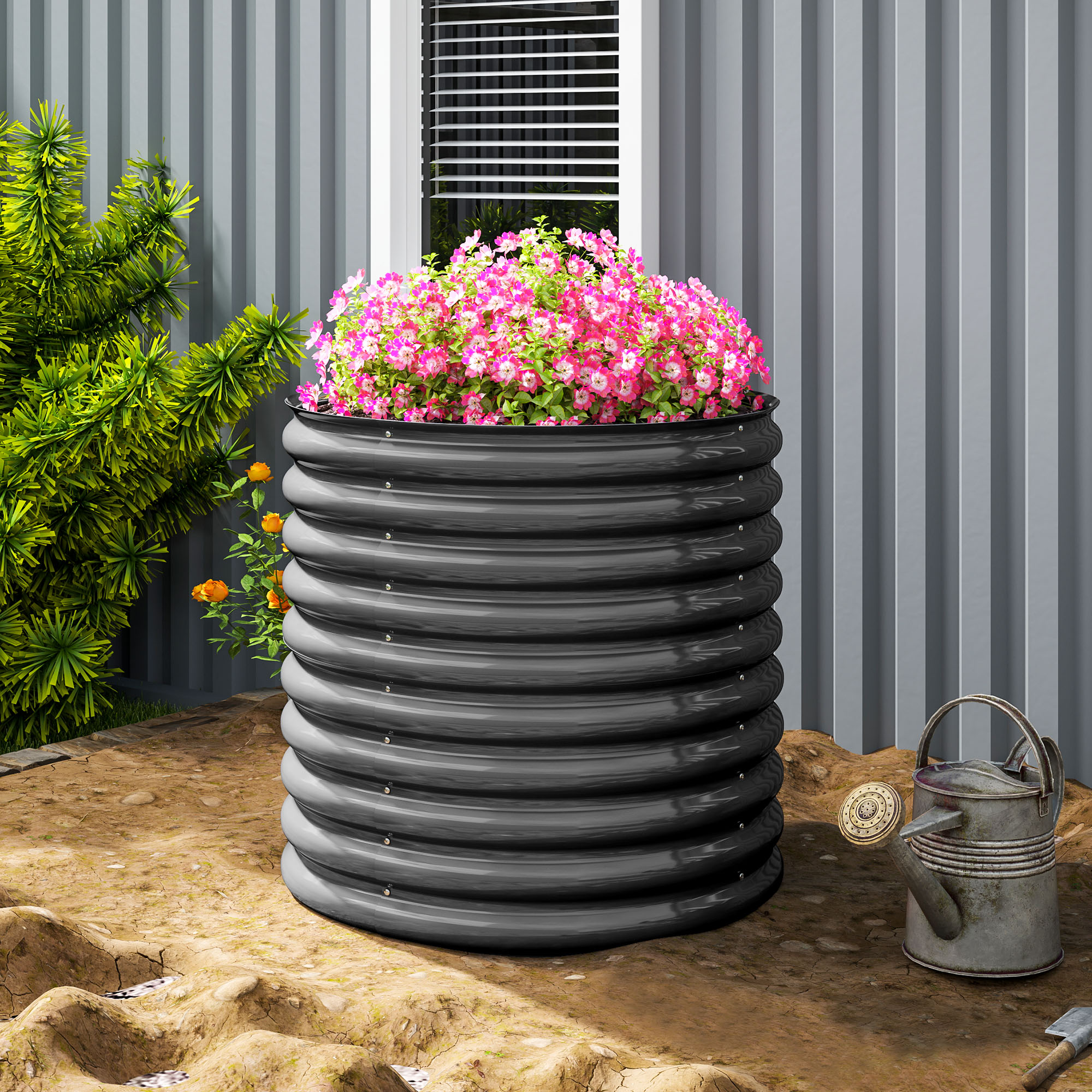 Outsunny Plantenkuip, Metalen Bloemenkuip met Veiligheidsrand en Handschoenen, Open Bodem, 160B x 80D x 80H cm, Donkergrijs