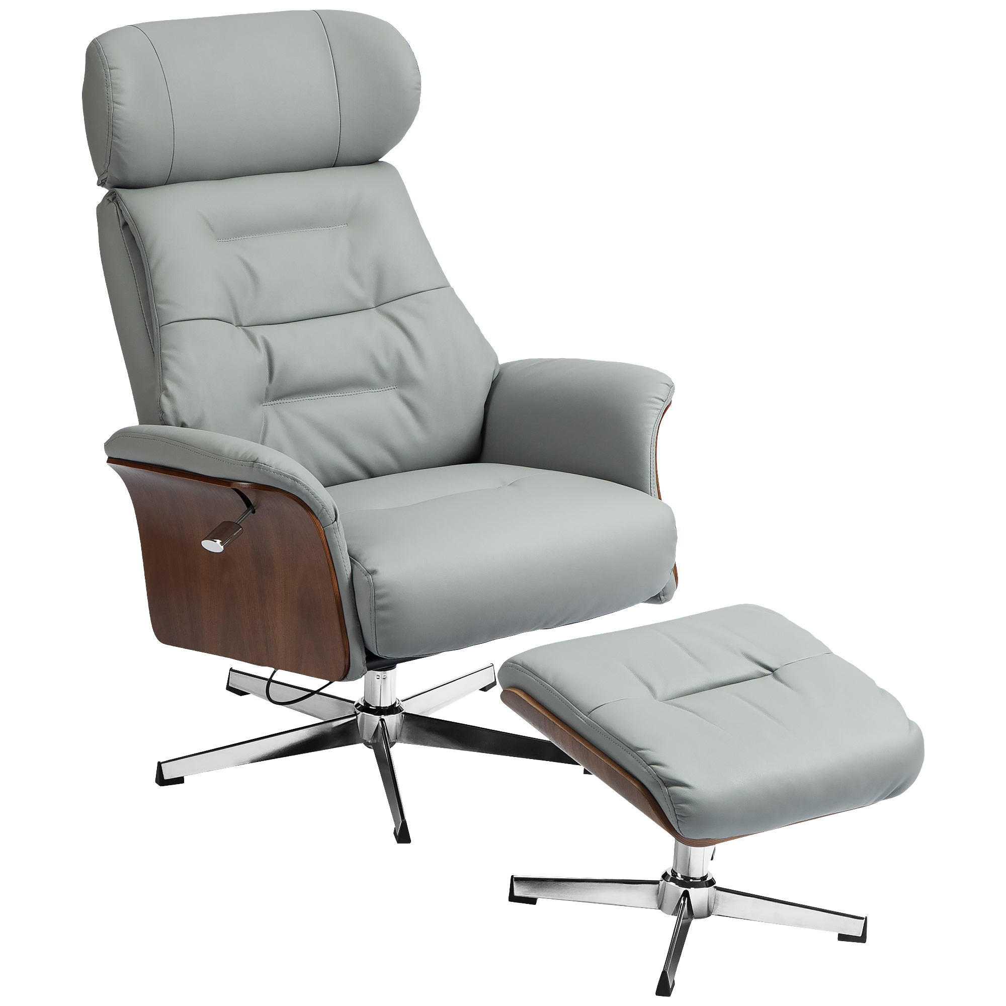 HOMCOM Relaxstoel met Hoker, Ligfunctie, Draaibaar, Lederoptiek, tot 150 kg, Lichtgrijs