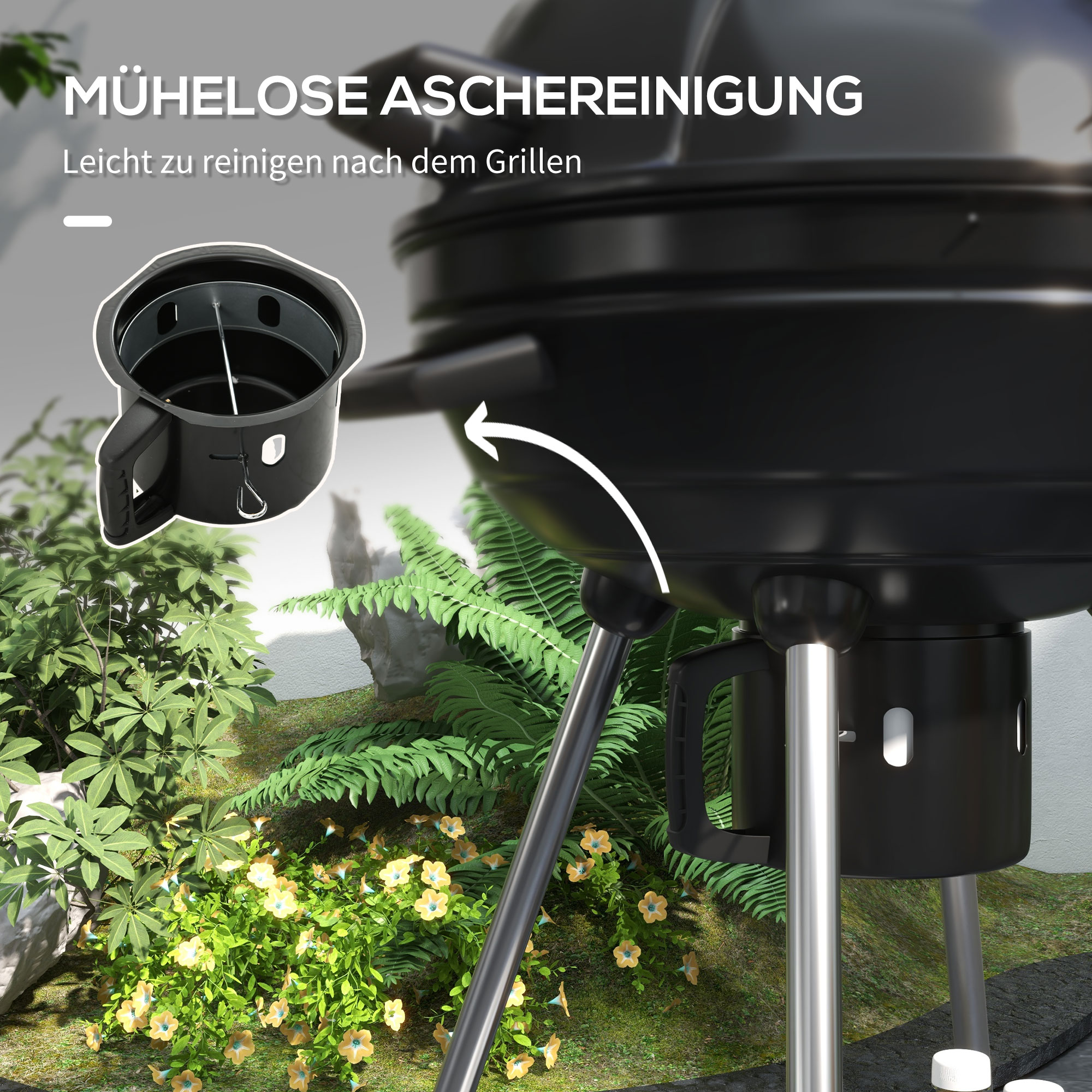 Outsunny Kogelbarbecue, Ø54 cm grillrooster, warmhoudrooster, opbergplank, aslade, thermometer, 55 x 65 x 89 cm, zwart