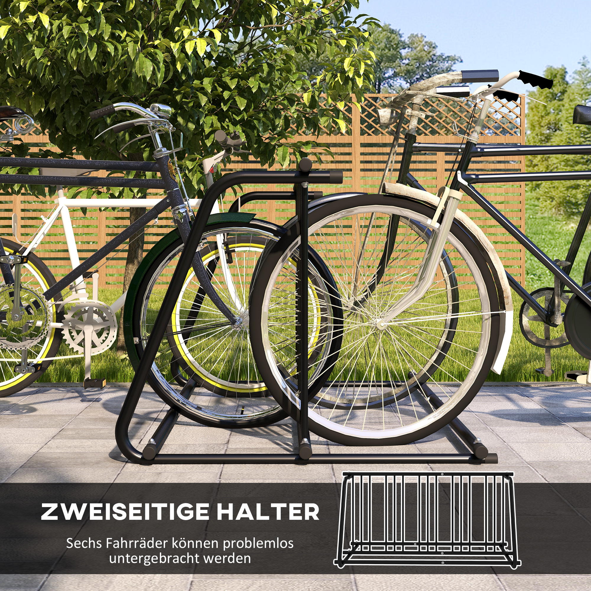 DURHAND Fietsenrek voor 4 fietsen, weerbestendig, extra bevestiging, 155 x 100 x 75 cm, Zwart