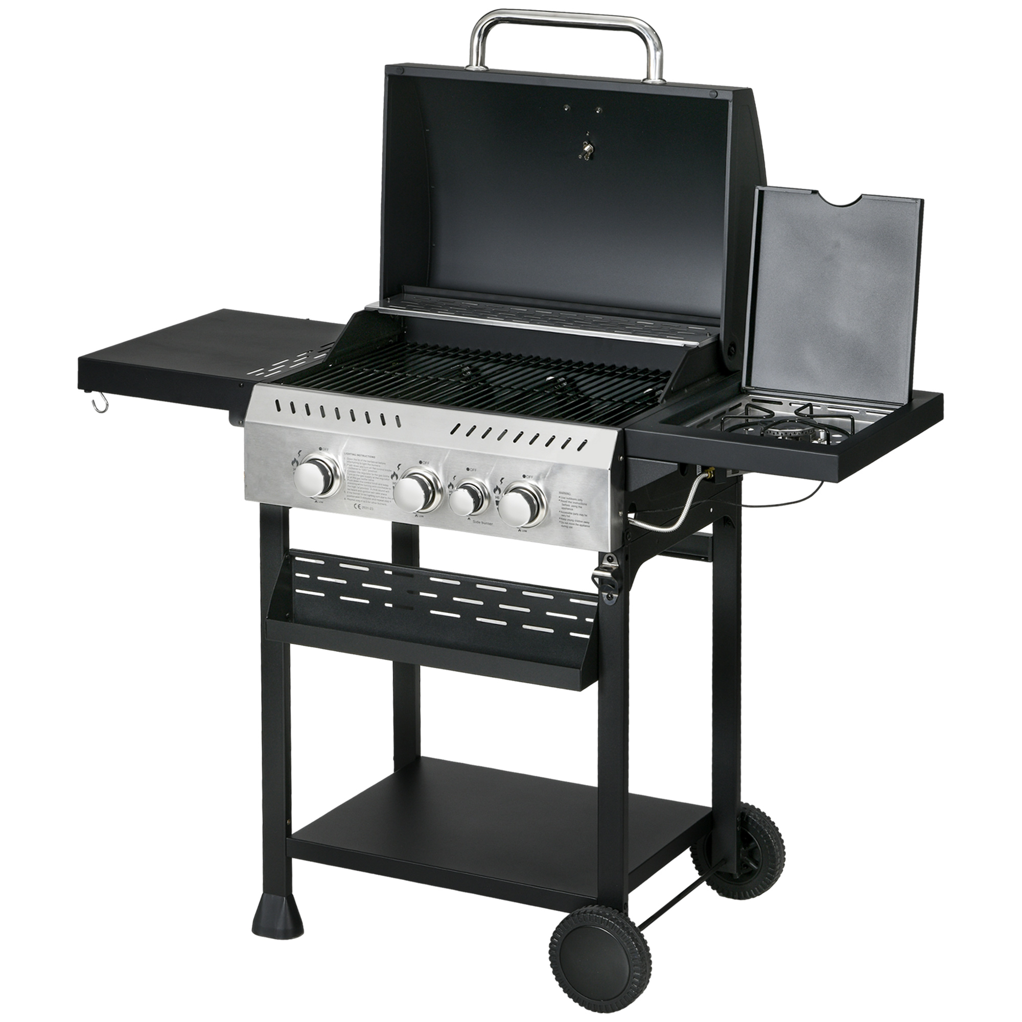 Outsunny Gasgrill, BBQ-Grill, 4 Hoofdbranders, 1 Zijbrander, 1 Warmhoudplaat; 123 x 52 x 101cm, Zwart