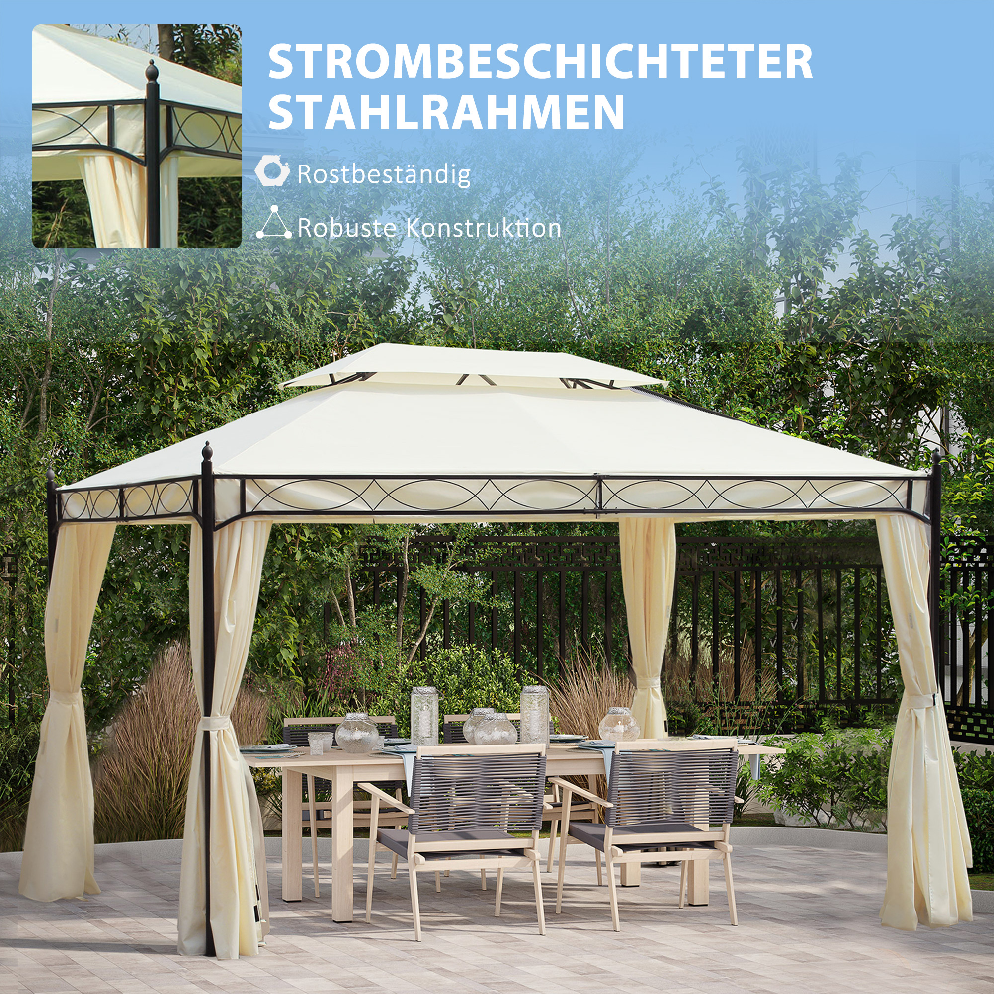 Outsunny Paviljoen tuinpaviljoen feest partytent dubbel dak tuintent 3 x 4 m Wit