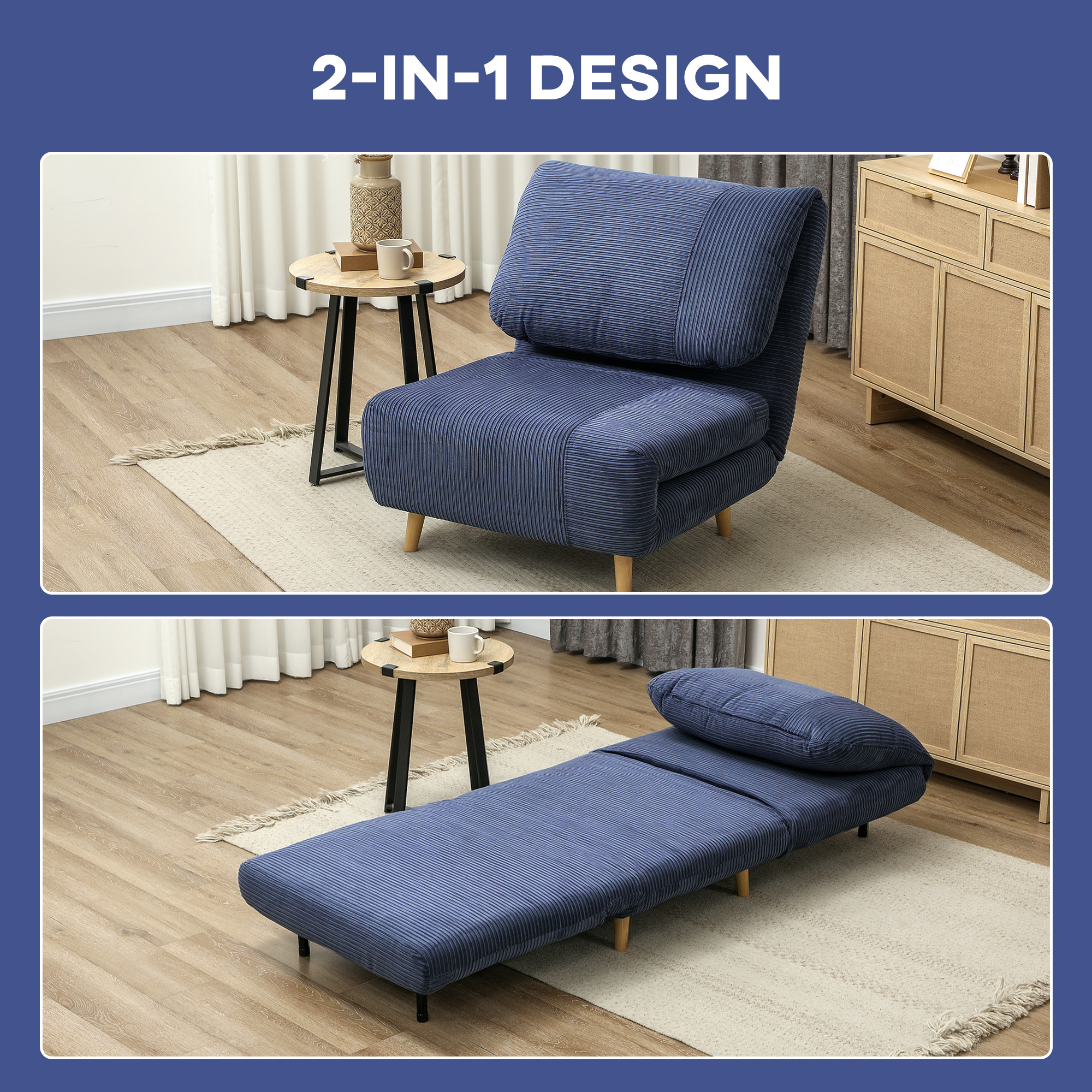 HOMCOM 2-in-1 Slaapstoel en Gastenbed met Verstelbare Hoofdsteun in Corduroy Look, 82 cm x 89 cm x 83 cm, Blauw
