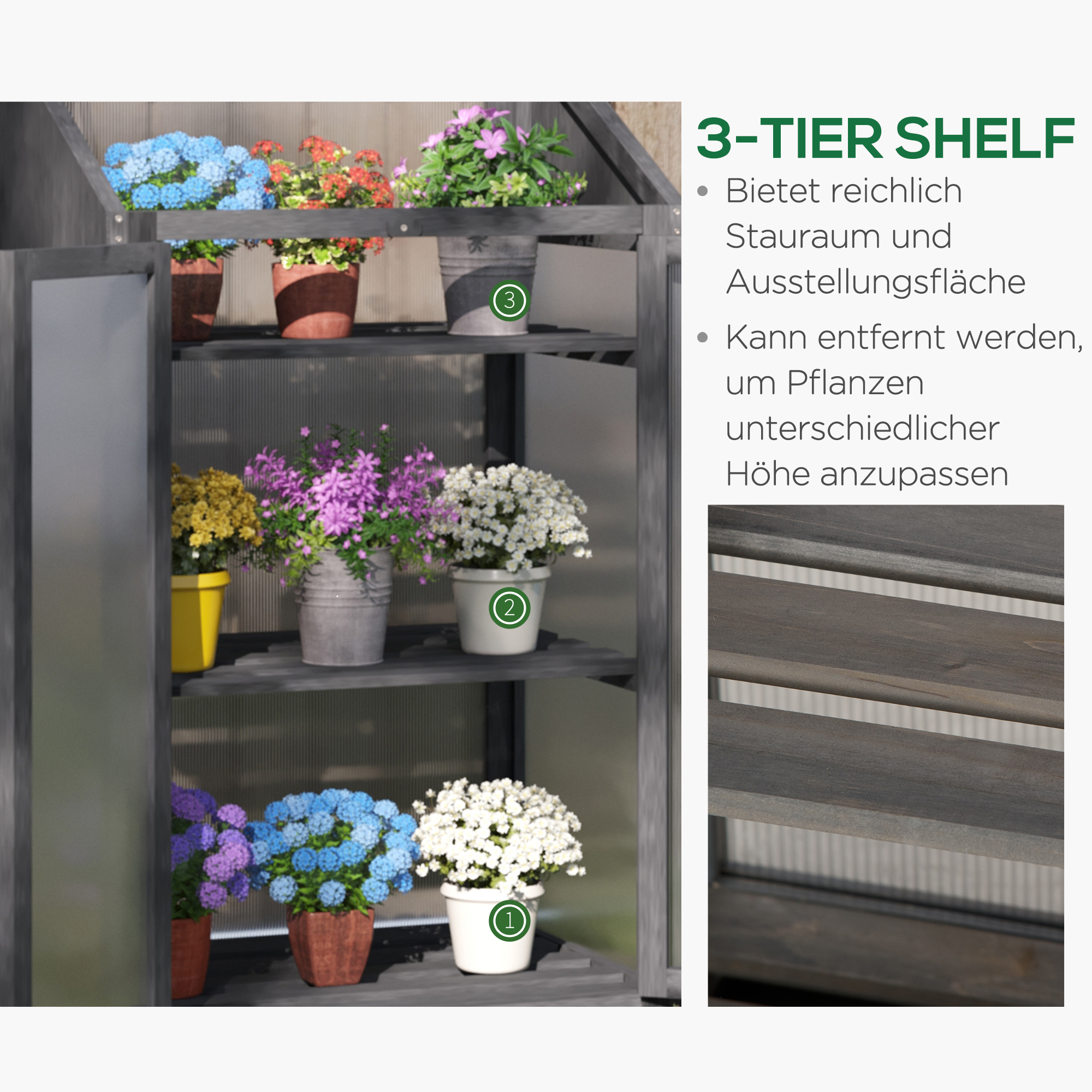 Outsunny Mini-Kas, Kleine Kas met Houten Frame, Ramen en Dubbele Deur, 3 Planken, 70L x 50B x 120H cm, Grijs