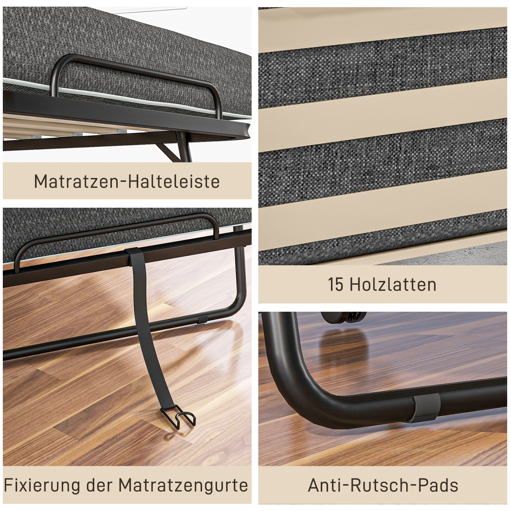 HOMCOM Opklapbed, Matras, 4 Wielen, Metalen Frame, Tot 150 kg, 190 x 80 x 42 cm, Donkergrijs