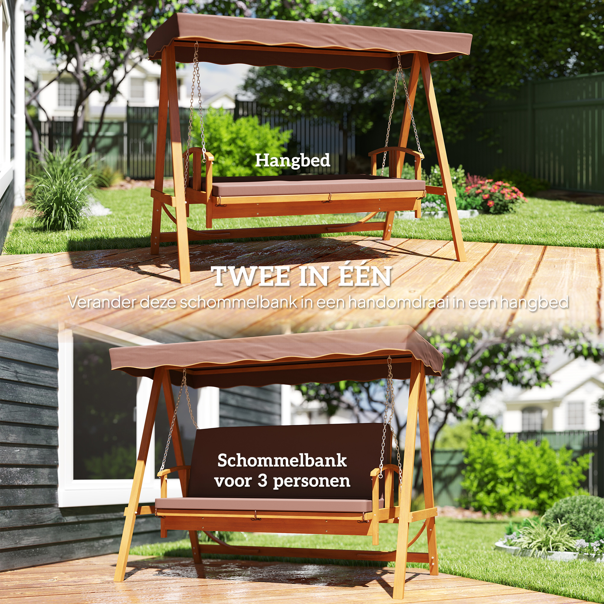 Outsunny Hollywoodschommel met Zonnedak, Echthouten Tuinschommel, Schommelbank met Ligfunctie, Voor 3 Personen, Bruin