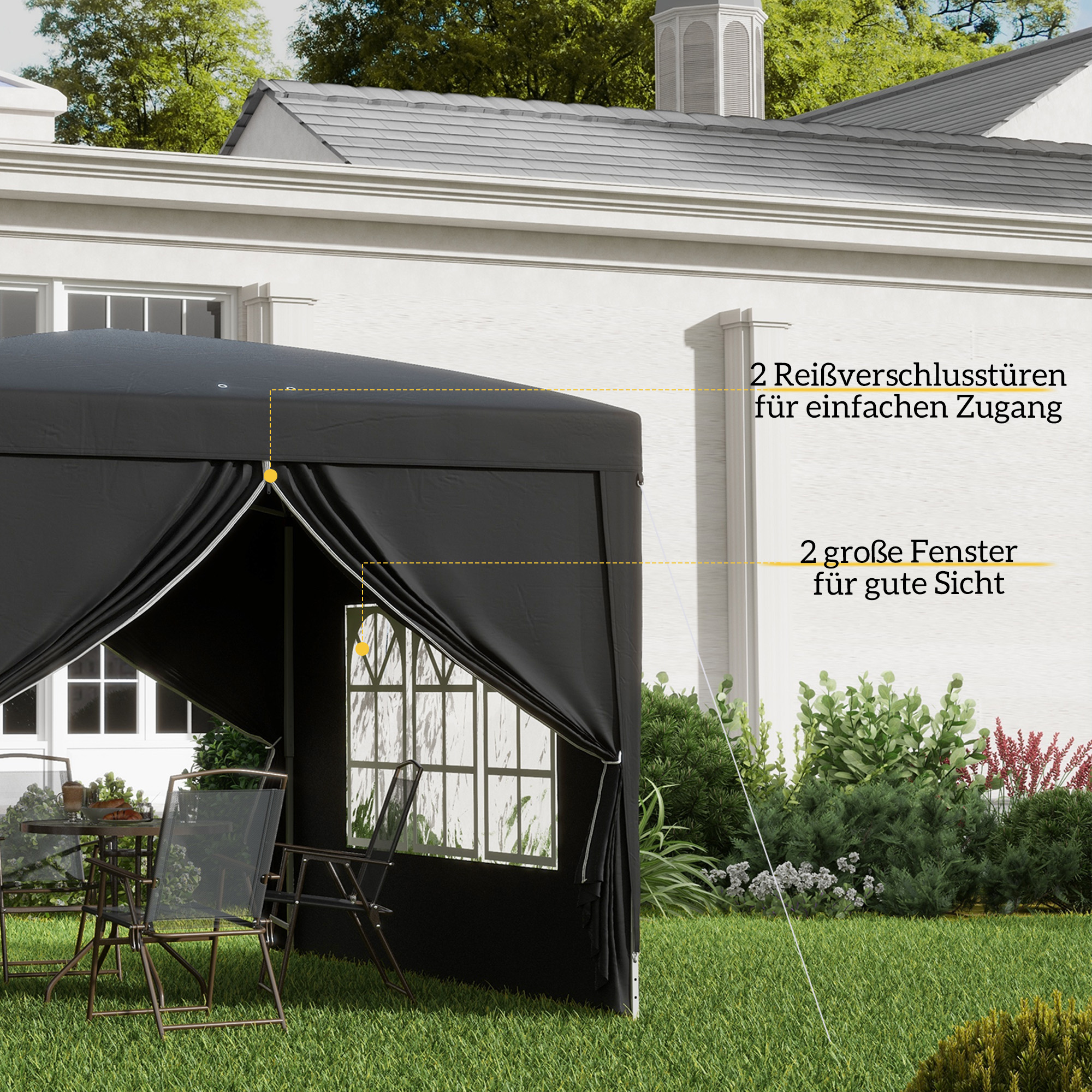 Outsunny 3 x 3 m Paviljoen met 4 Zijwanden, Ramen, Feesttent met UV-Bescherming, Tuinpaviljoen incl. Draagtas, Staal, Zwart