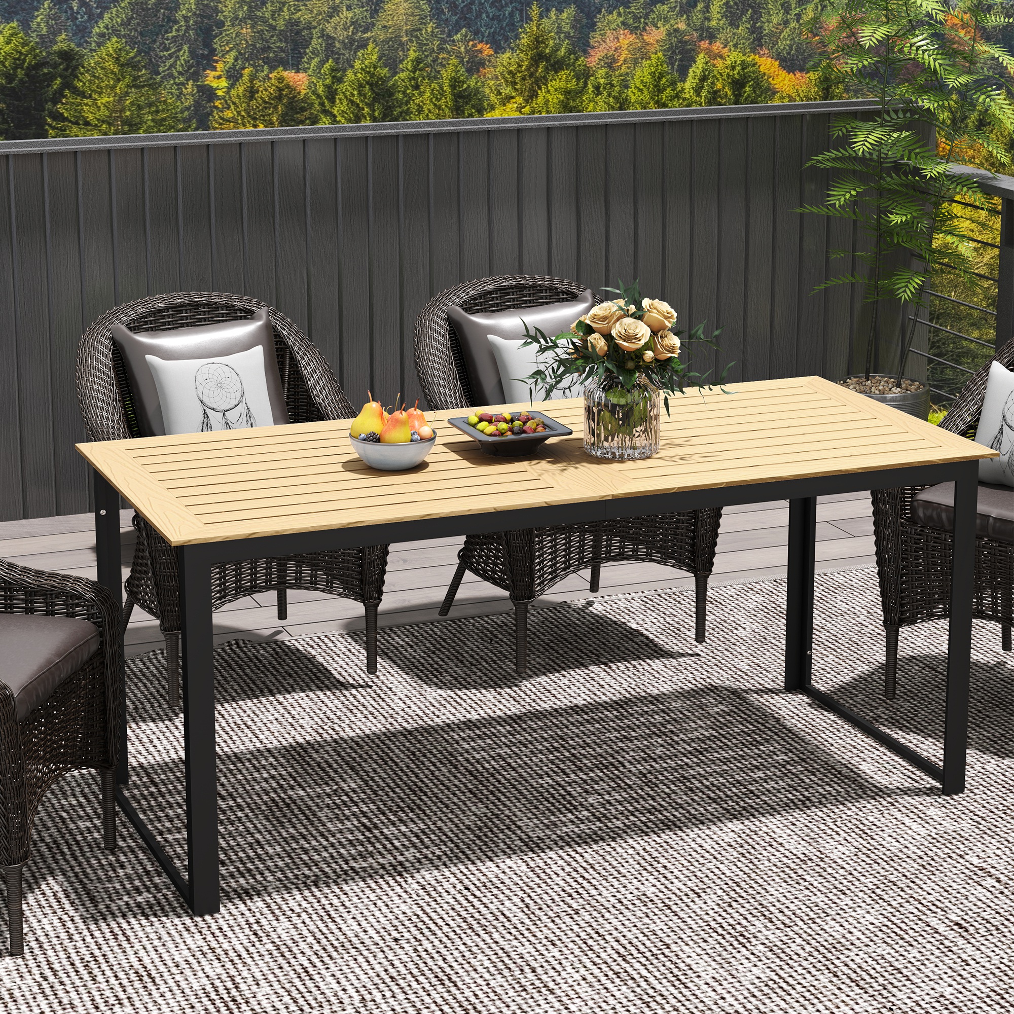 Outsunny Tuintafel Metaal 175x78 cm Weerbestendig Balkontafel met Houtlook, Anti-slip Eettafel Zwart