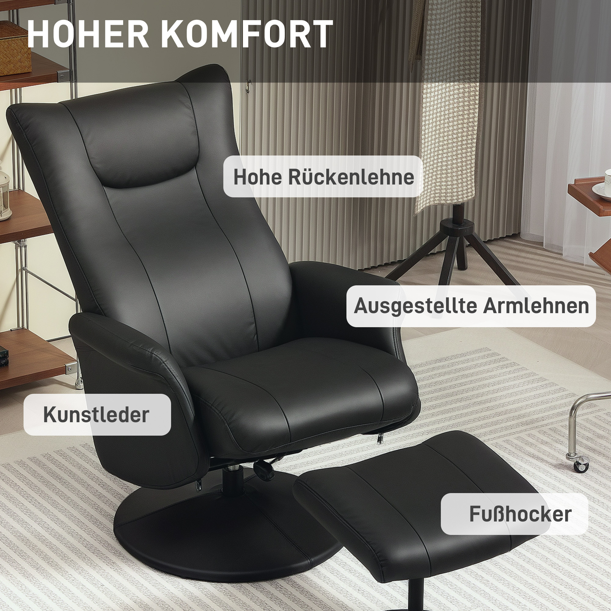 HOMCOM Chefstoel met Voetenbank, Leerlook, Draaibaar, Verstelbare Rugleuning, tot 150 kg, Zwart