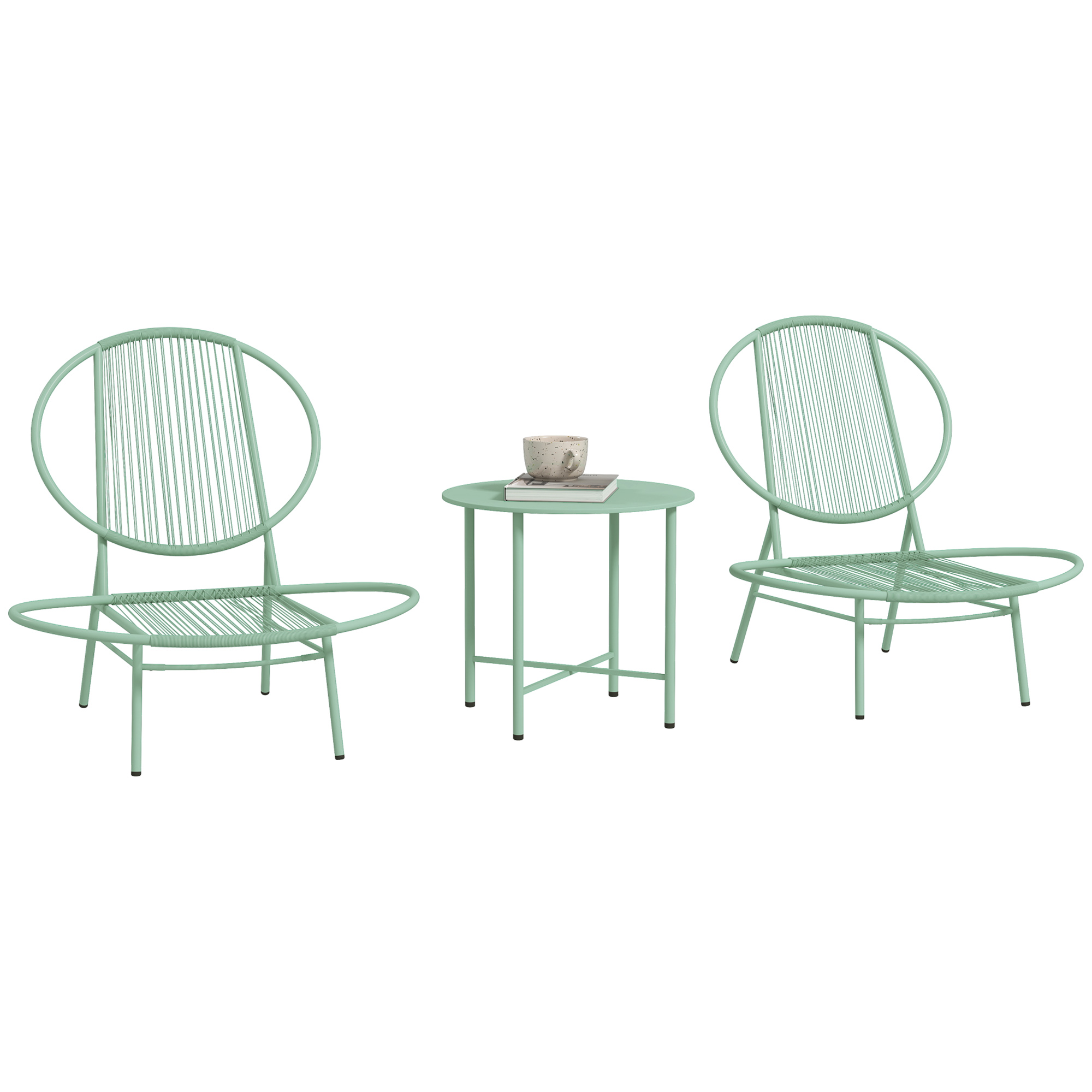 Outsunny 3-Delige Bistroset van Polyrattan - Weerbestendige Tuinmeubelset met Bistrotisch - Schelpvormige Tuinstoelen Groen