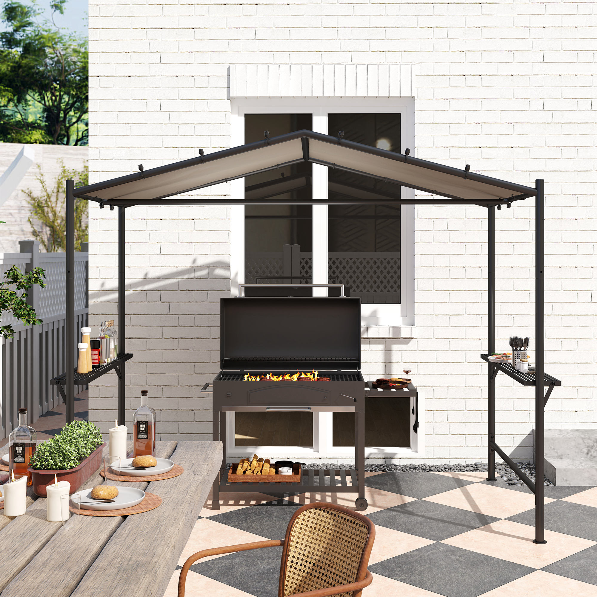 Outsunny Grilltent Grilldak, weerbestendig, incl. Zijplanken, 277 x 149 x 230 cm, Khaki