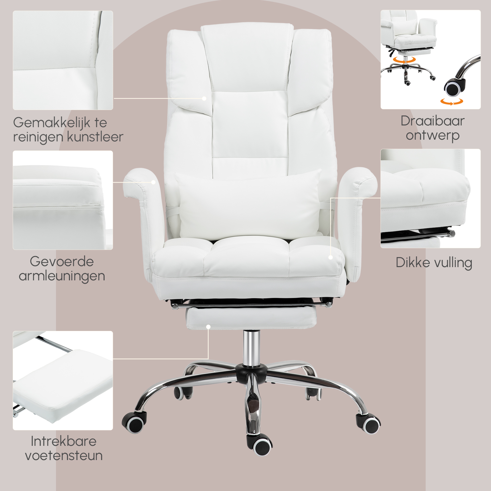 HOMCOM Ergonomische Bureaustoel, In Hoogte Verstelbaar 48-56 cm, Kantelbare Rugleuning, Voetsteun, Wit