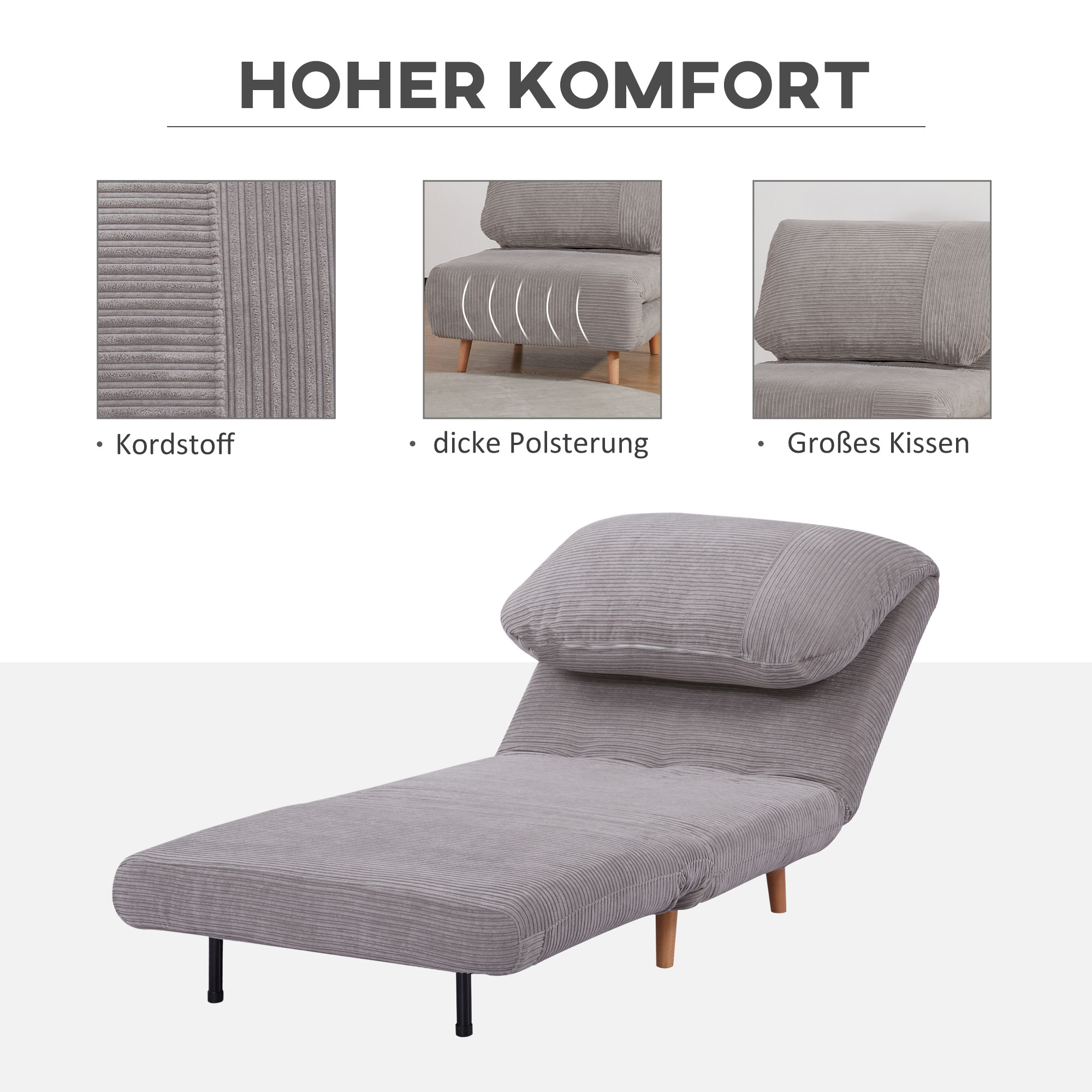 HOMCOM 2-in-1 slaapbank, fauteuilbed, opvouwbare matras, logeerbed, opklapbed, lichtgrijs