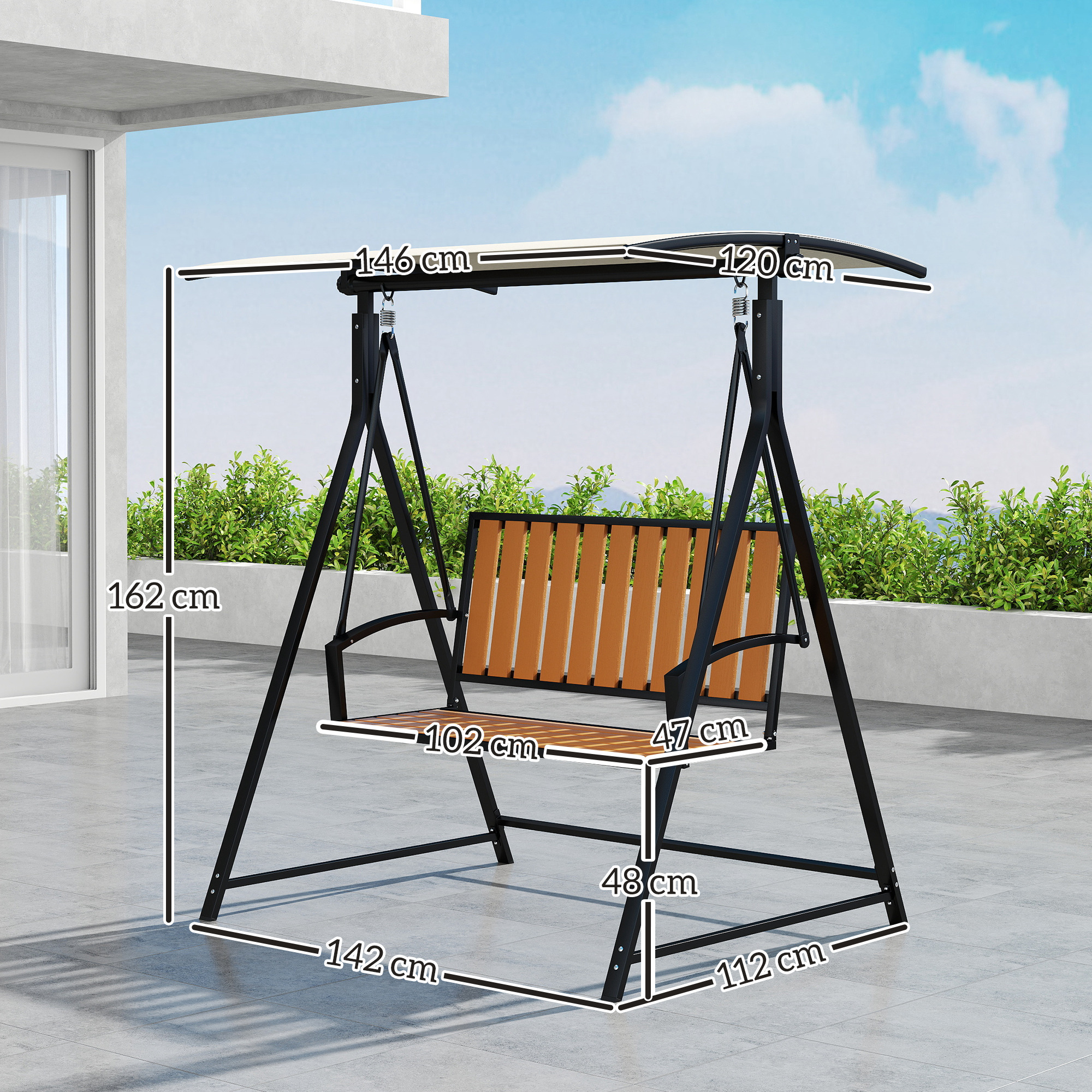 Outsunny Hollywoodschommel met verstelbaar zonnescherm, 2-zits Tuinschommel 142 x 112 x 162cm, Zwart