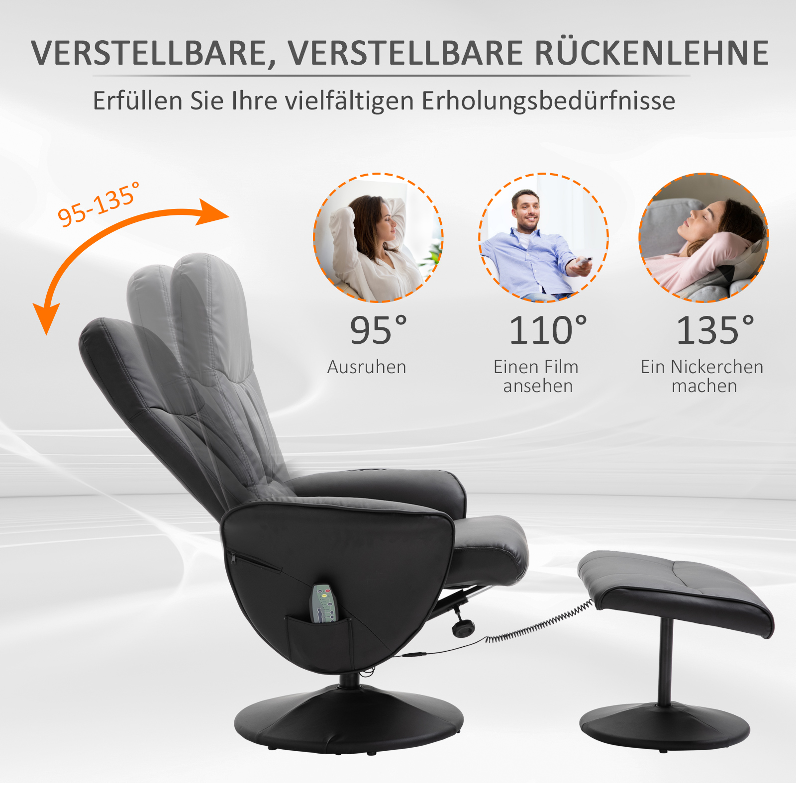 HOMCOM massagestoel met voetenbank relaxstoel massagestoel tv-stoel 145° hellingshoek kunstleer zwart 76 x 81 x 105 cm
