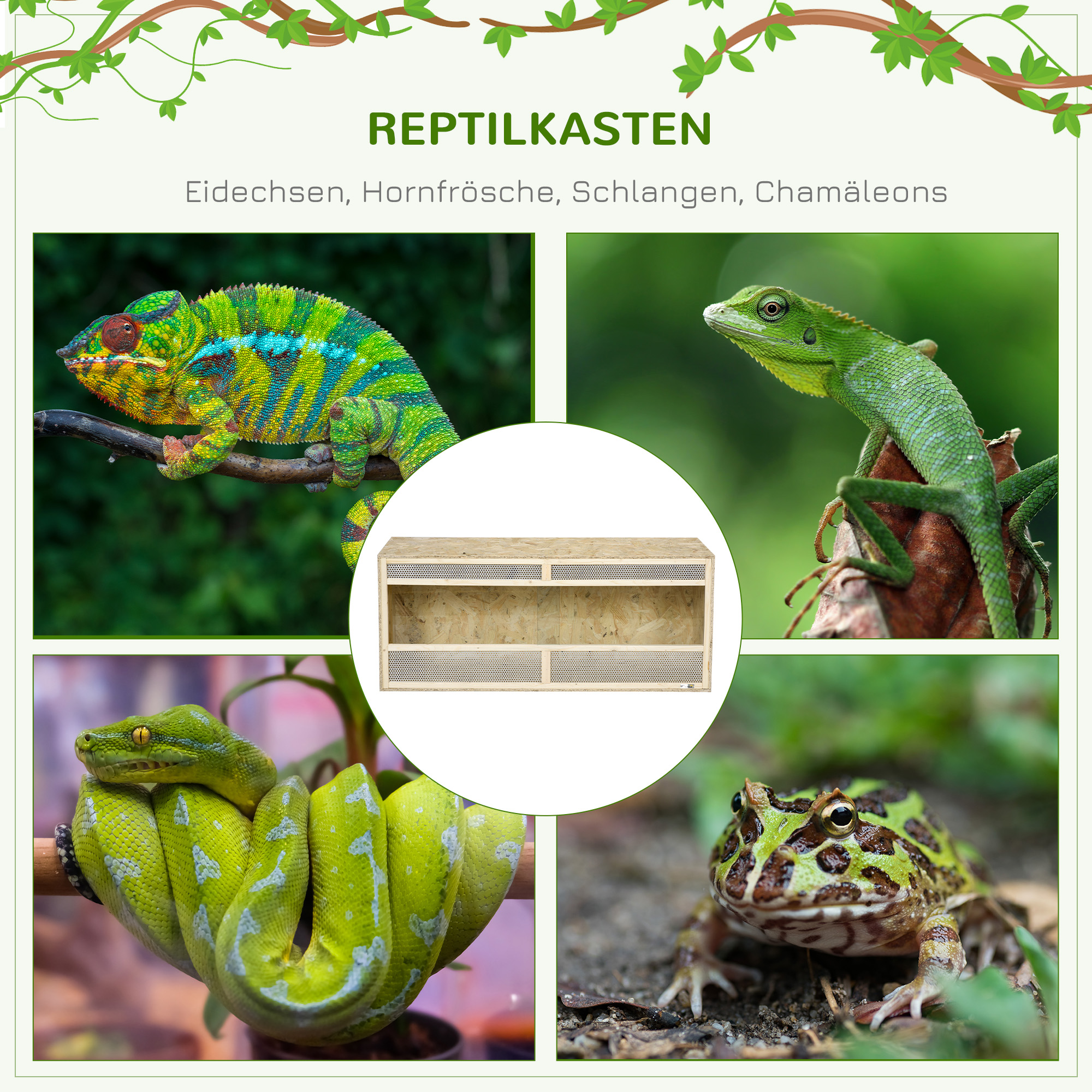 PawHut Terrarium voor Reptielen/Amfibieën, met Glazen Schuifdeuren, Ventilatiegrill, 120x50x50cm