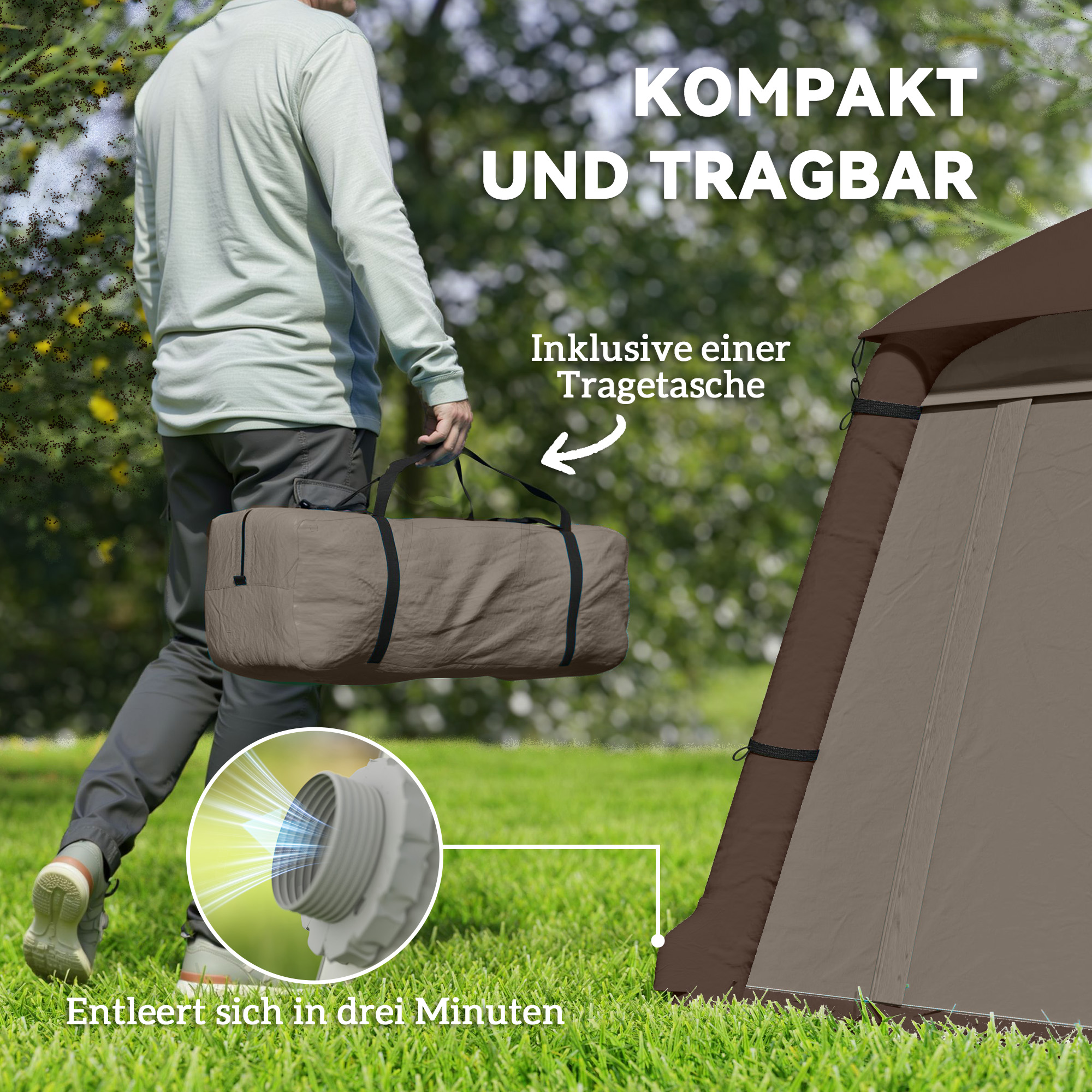 Outsunny Opblaasbare Campingtent voor 1-2 Personen Outdoor Familie Tent met Haak, Luchtpomp, Vensters en Deuren voor 4 Seizoenen
