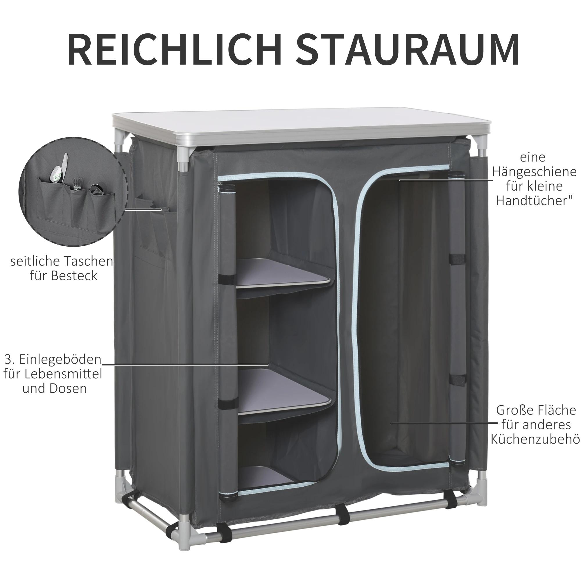 Outsunny Campingkast inklapbaar keukenbox draagbaar met 3 planken 1 kast grijs