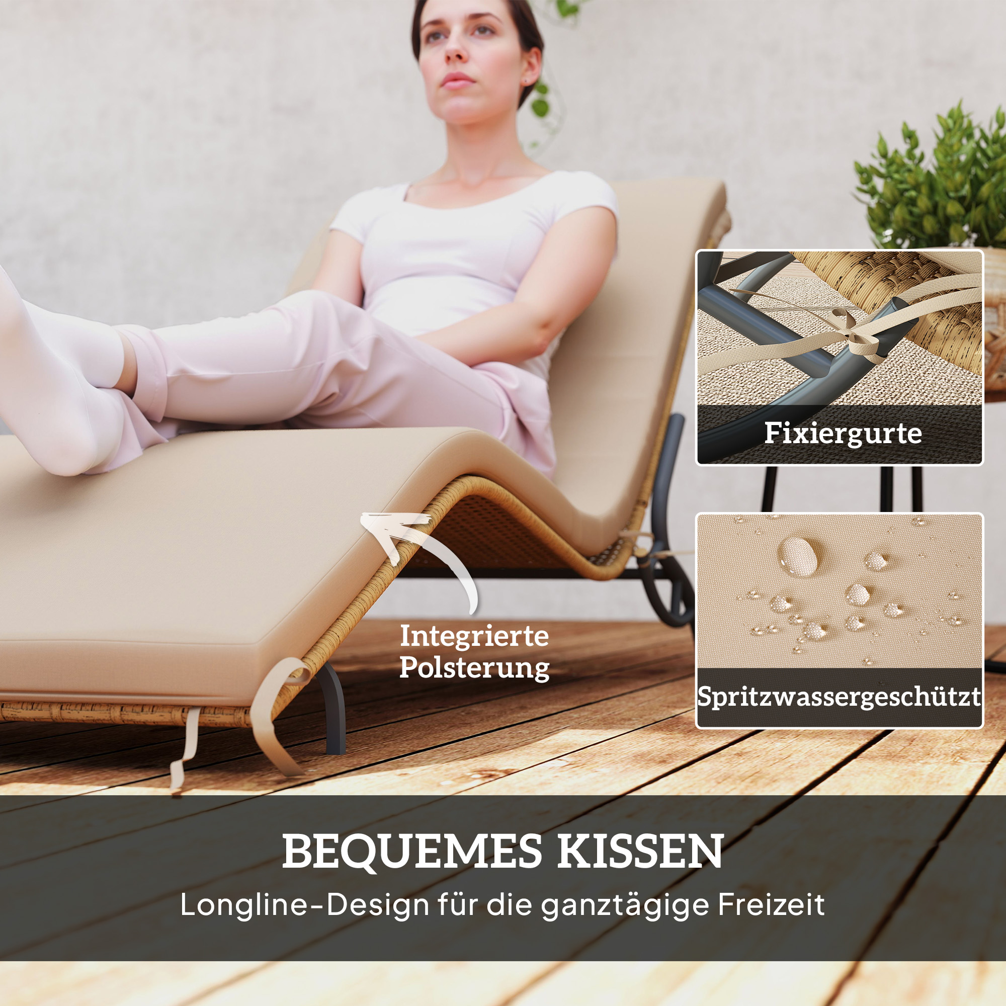 Outsunny Zonnebed Polyrattan Tuinbed met Kussen, Weerbestendig Ligbed 120 kg Draagvermogen 166 x 63 x 76 cm Beige