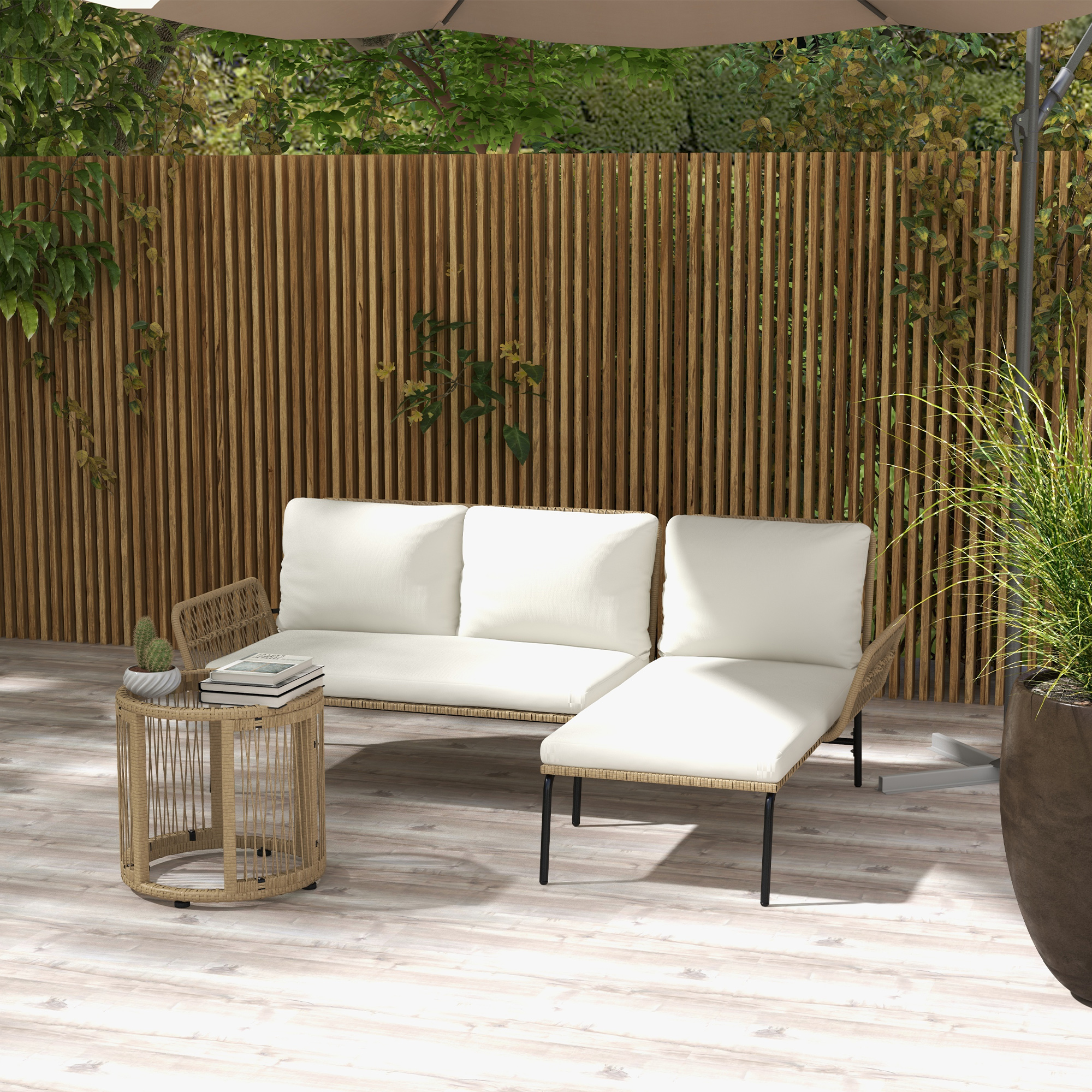 Outsunny Loungeset voor in de tuin, PE rattan, 122 x 79 x 75 cm, Natuur + Crèmewit