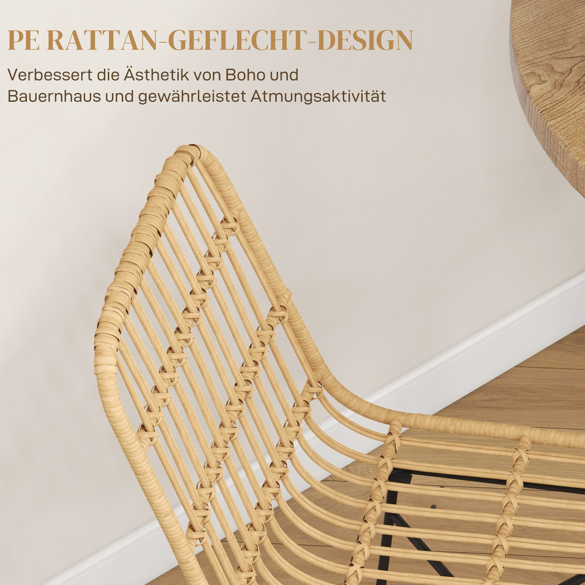 HOMCOM Barkruk Barstoel, Boho-stijl, PE-rattan, 45 x 53,5 x 105 cm, Natuur + Zwart