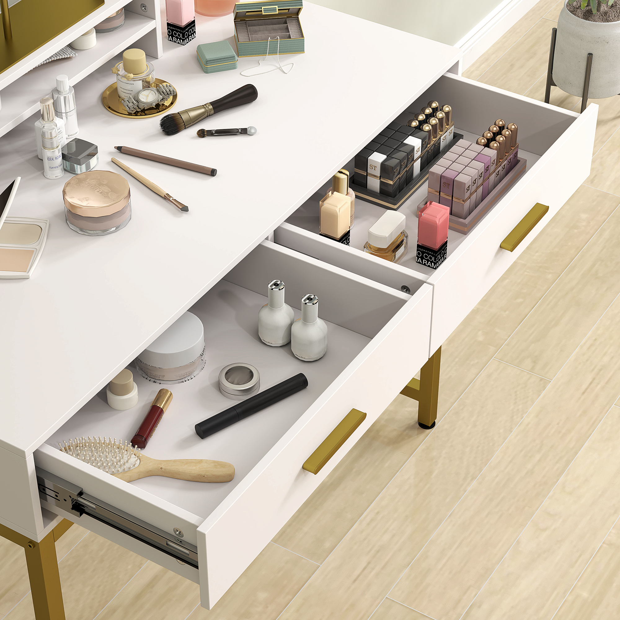 HOMCOM Kaptafel met 360° Spiegel, LED-verlichting, 2 Laden, Wit/Goud