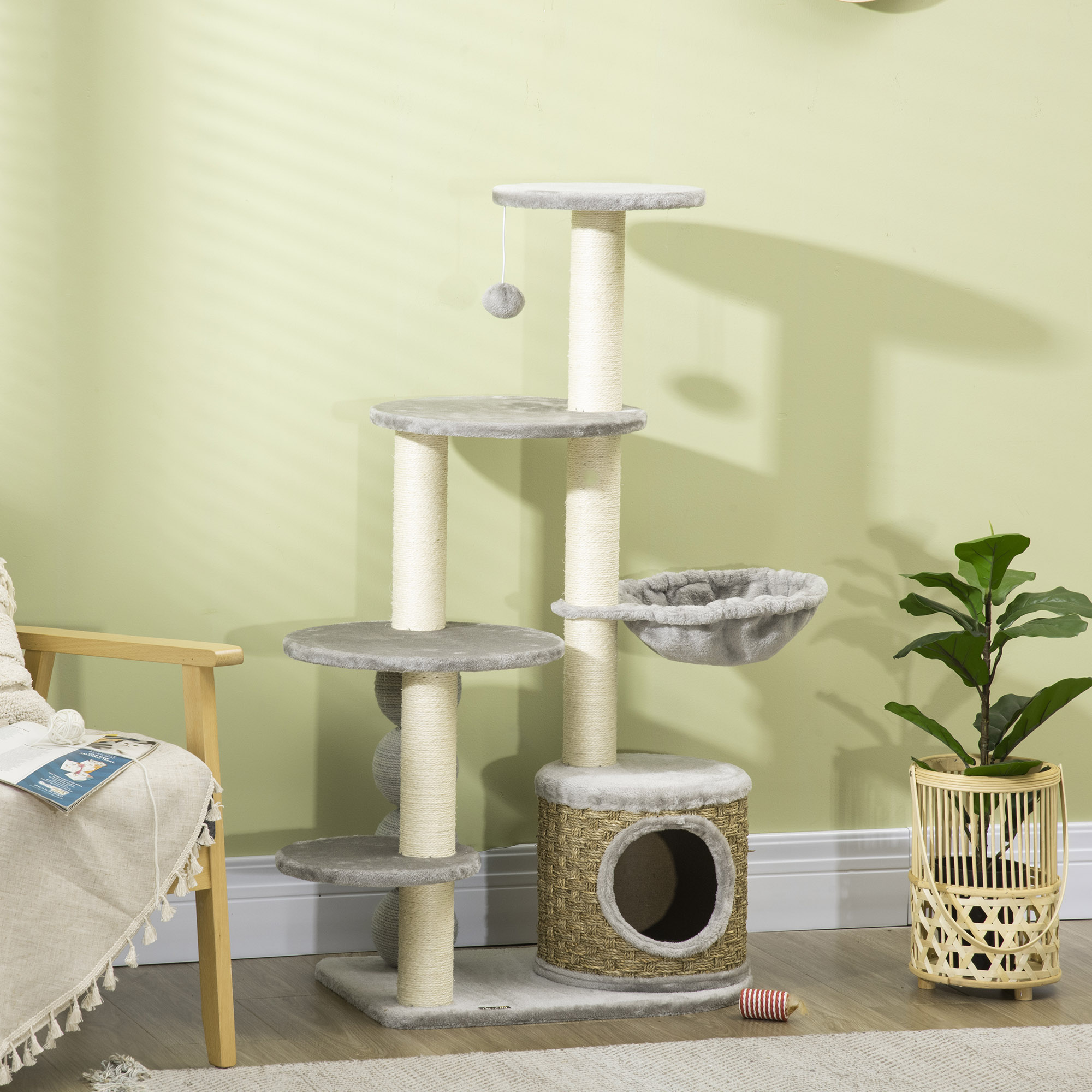 PawHut kattenboom met kattengrot, hangmat en 3 krabpalen 60 cm x 40 cm x 115,5 cm lichtgrijs