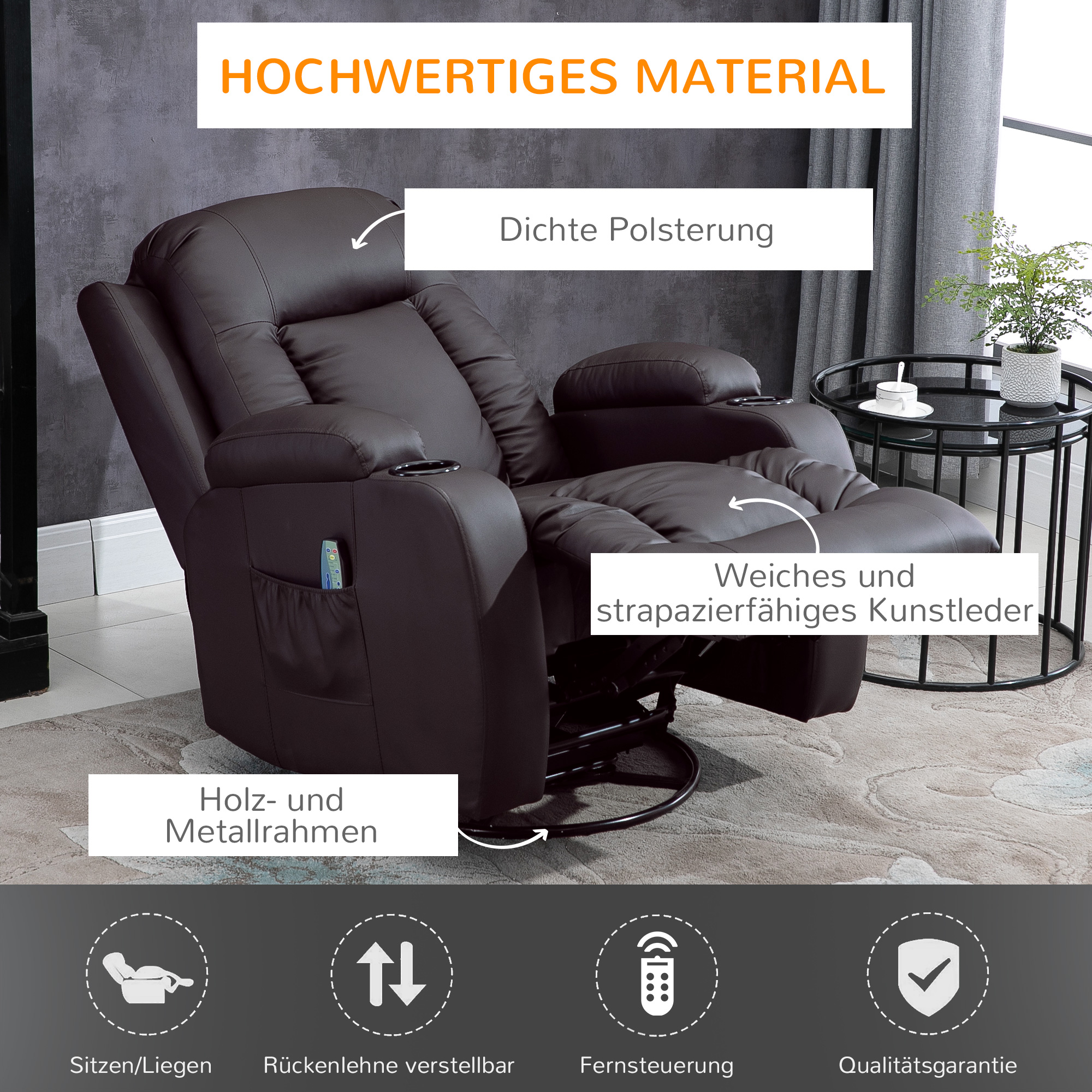 HOMCOM Massagestoel, relaxstoel, schommelfunctie, 8 vibratiepunten, inclusief afstandsbediening, Koffiebruin
