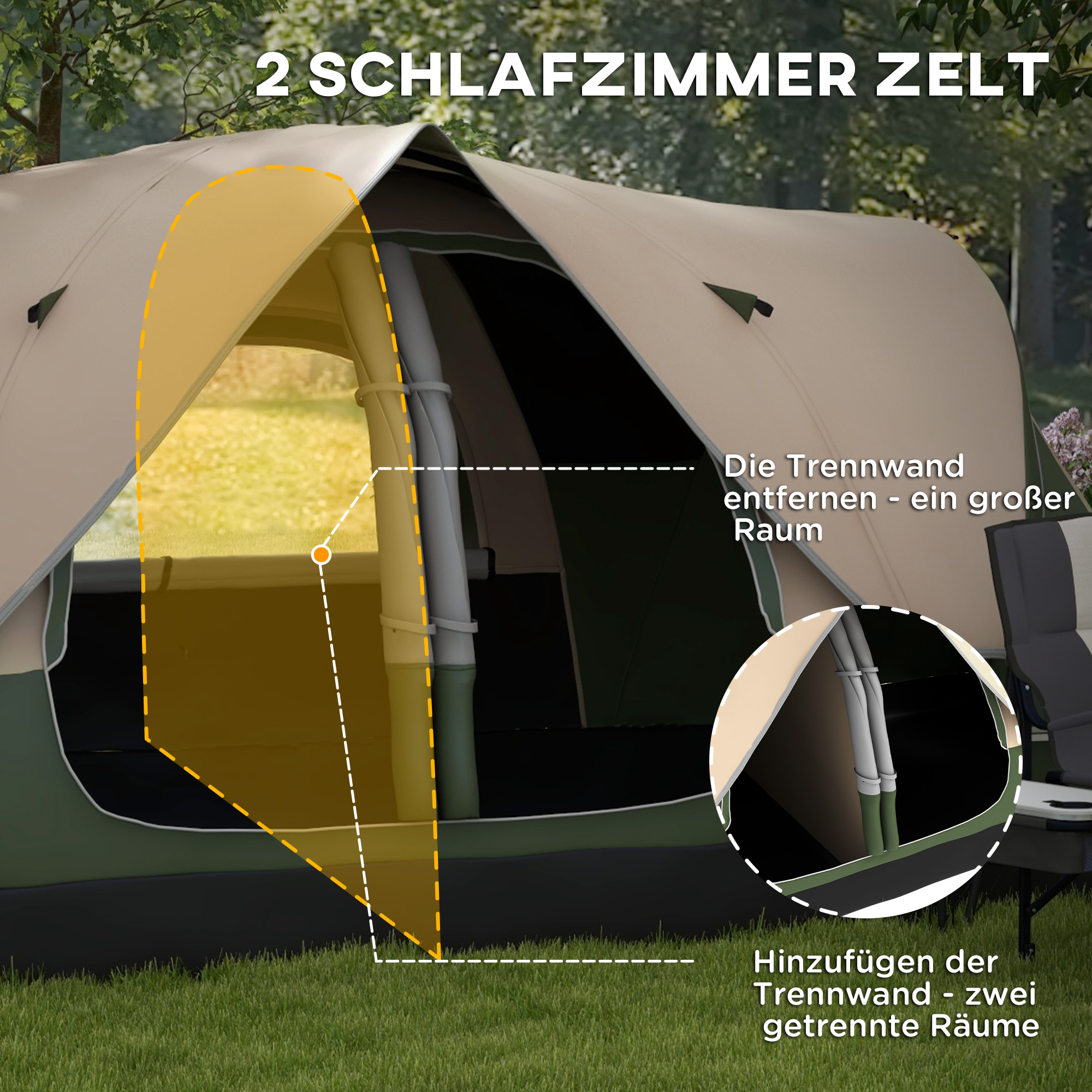 Outsunny Campingtent, 2 Ruimtes, Verwijderbare Scheidingswand, voor 6 Personen, Waterdicht, Donkergroen