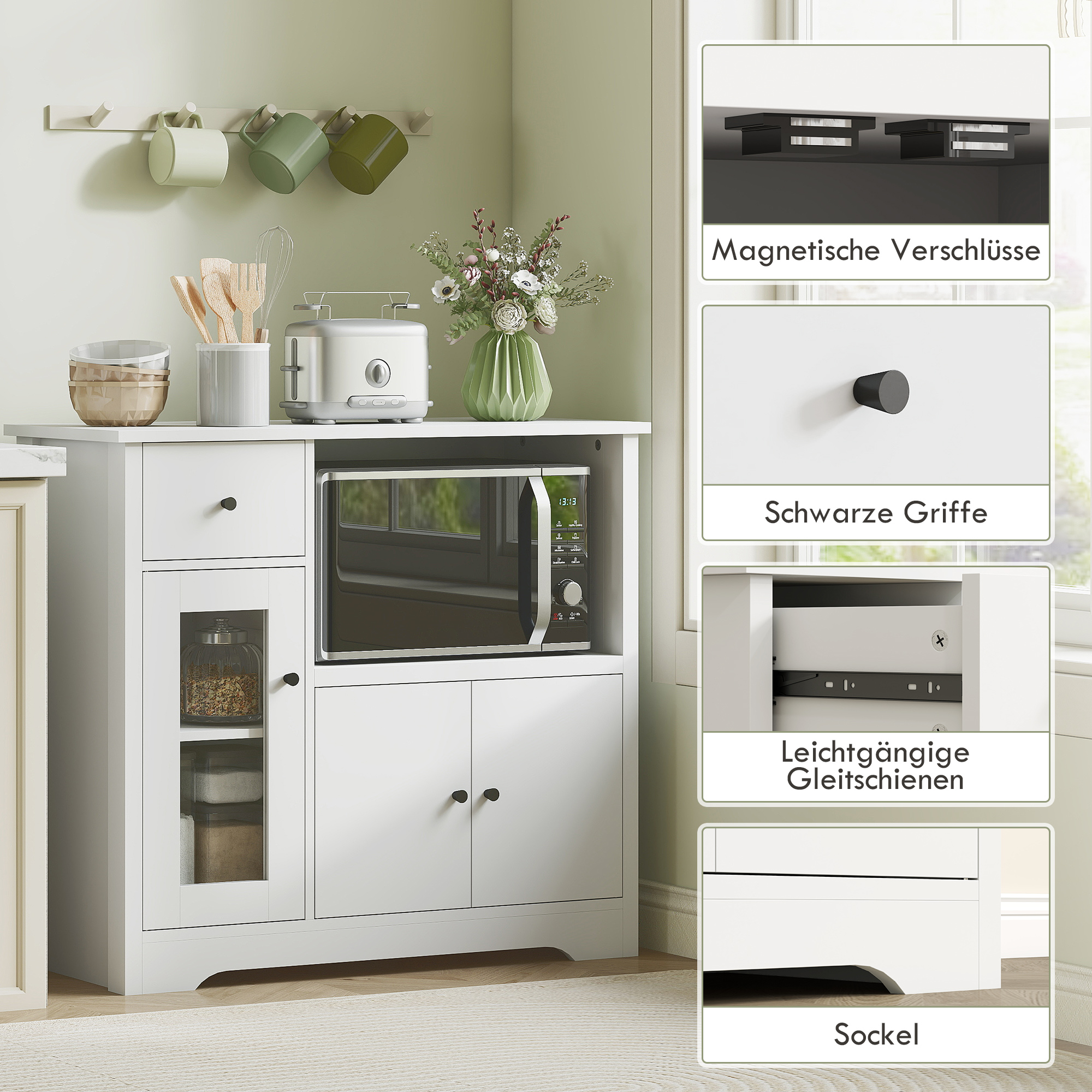 HOMCOM Keukenkast met Kabeldoorvoer, Commode met 2 Kasten, Open Vak, Lade, 80 x 35 x 72,2 cm, Spaanplaat, Wit
