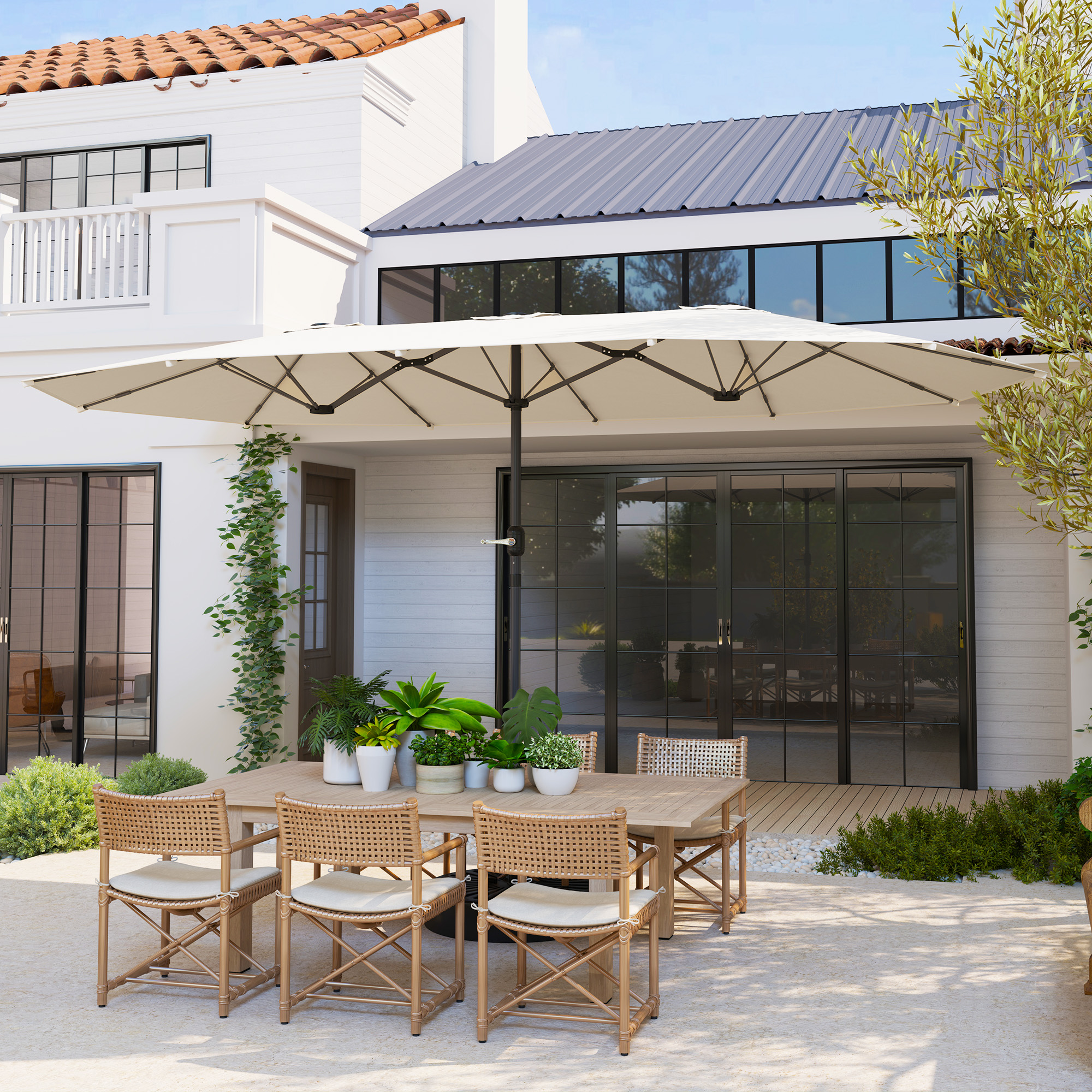 Outsunny Dubbelzijdige Parasol 436 x 260 cm met UV-bescherming en Handzwengel, Beige