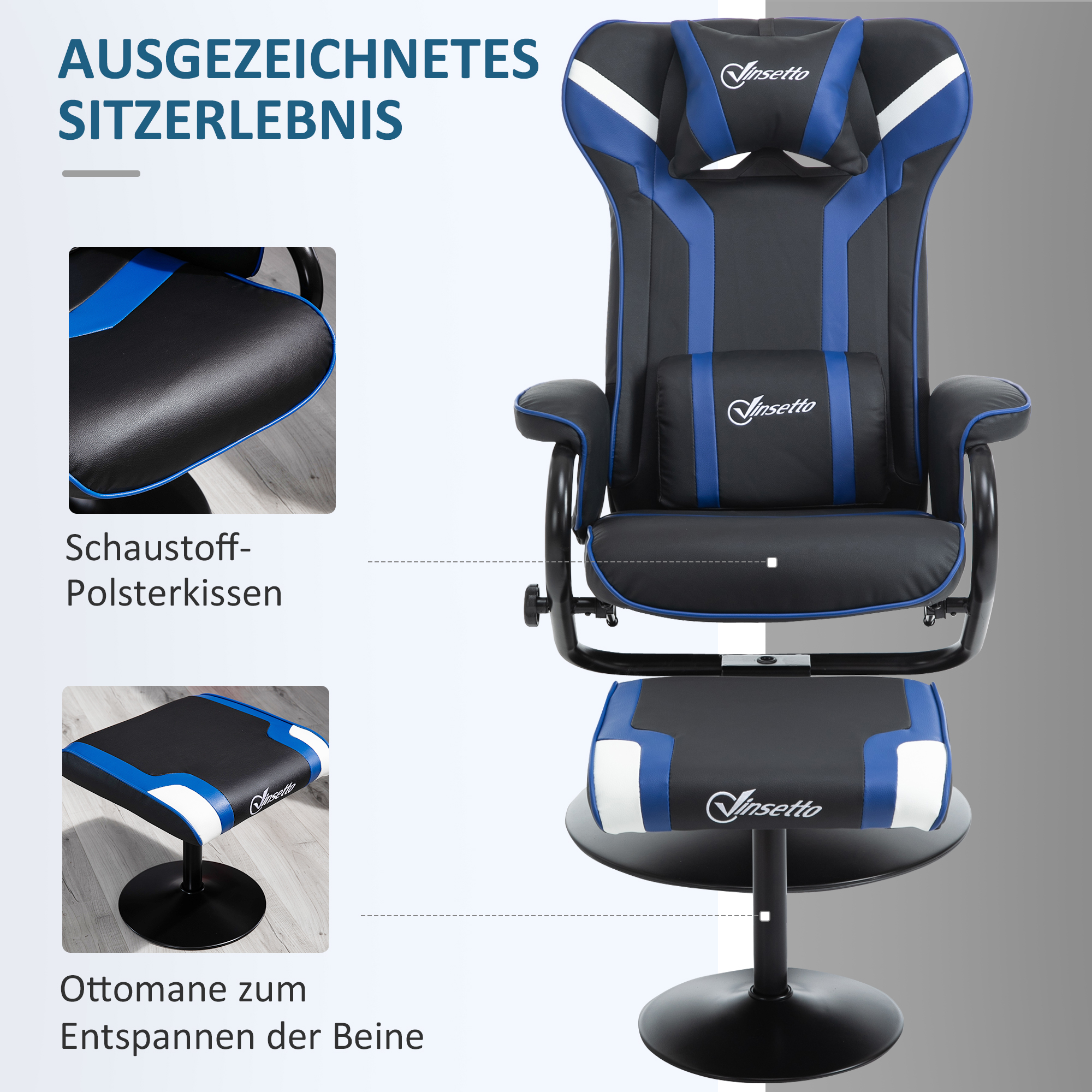 Vinsetto Fauteuil met voetenbank, inclusief hoofdsteun en lendenkussen, rugleuning verstelbaar tot 130°, donkergrijs+blauw