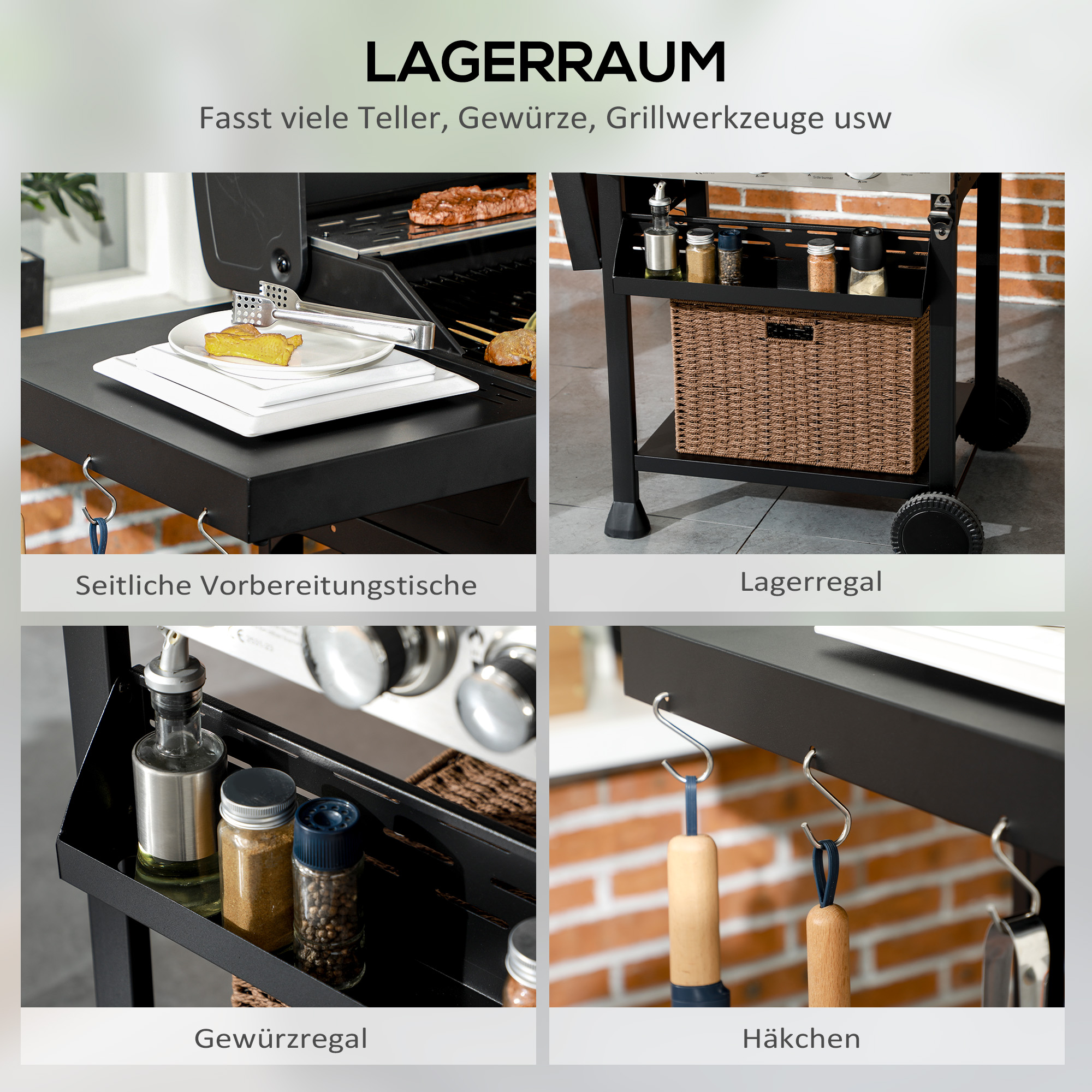 Outsunny Gasgrill, BBQ-Grill, 4 Hoofdbranders, 1 Zijbrander, 1 Warmhoudplaat; 123 x 52 x 101cm, Zwart