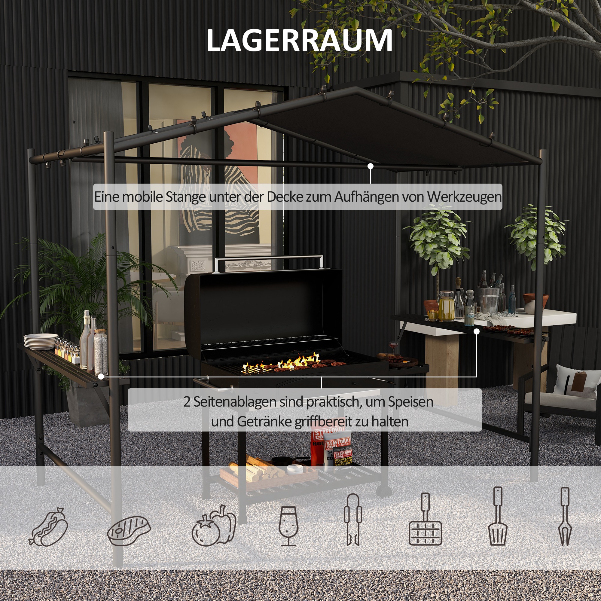 Outsunny Grilltent Grilldak, weerbestendig, inclusief zijvakken, 277 x 149 x 230 cm, Donkergrijs