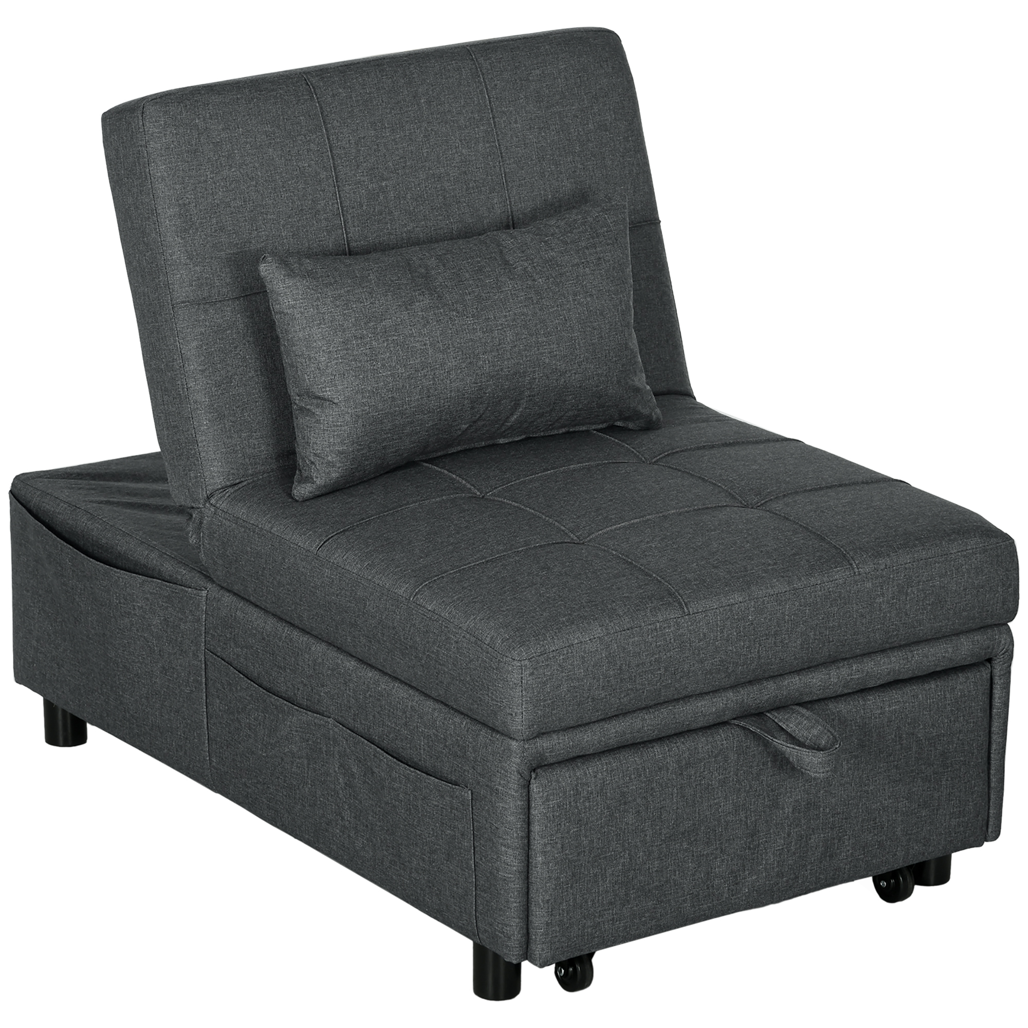 HOMCOM Ligstoel Slaapstoel 3-in-1 Stoel, linnenlook, inclusief kussen, 65,5 cm x 104 cm x 81 cm, Donkergrijs