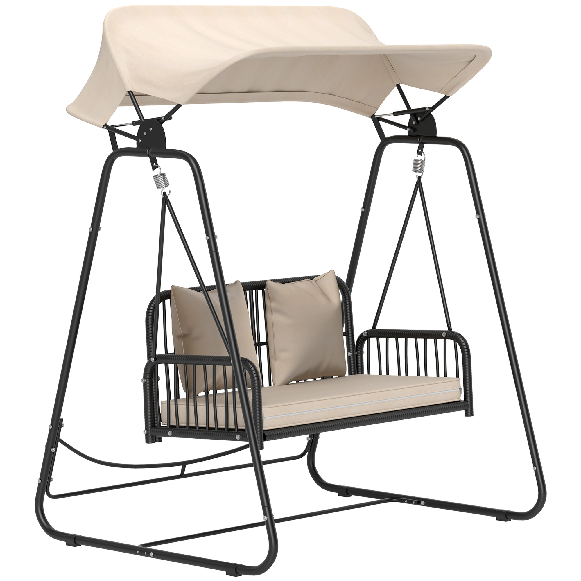 Outsunny Rattan Hollywoodschommel voor 2 Personen met Zonnedak en Kussens, Belastbaar tot 240 kg, 149 x 121 x 180 cm, Khaki