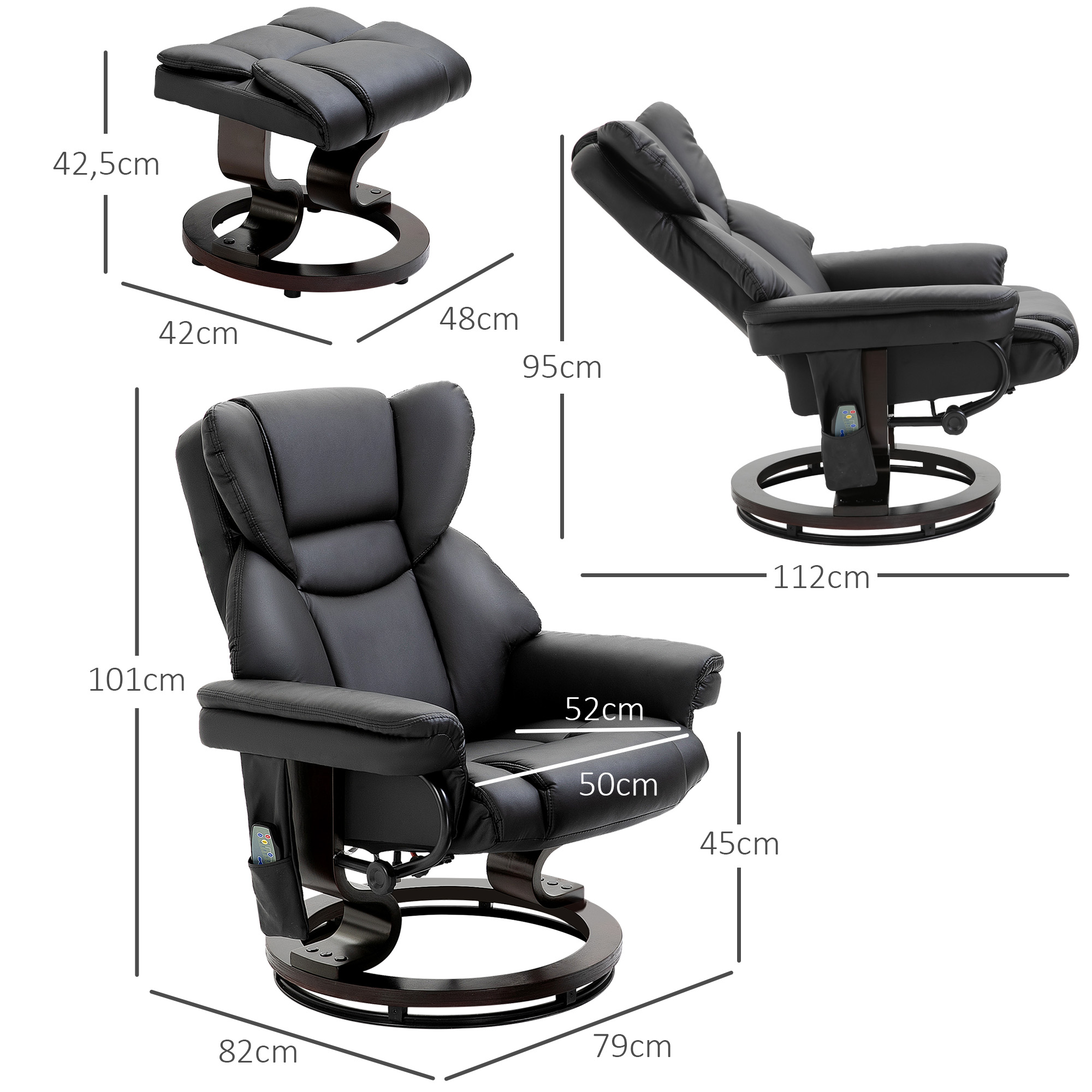 HOMCOM Relaxfauteuil met Massage en Voetenbank, Kunstleer, 79 x 82 x 101 cm, Ligfunctie