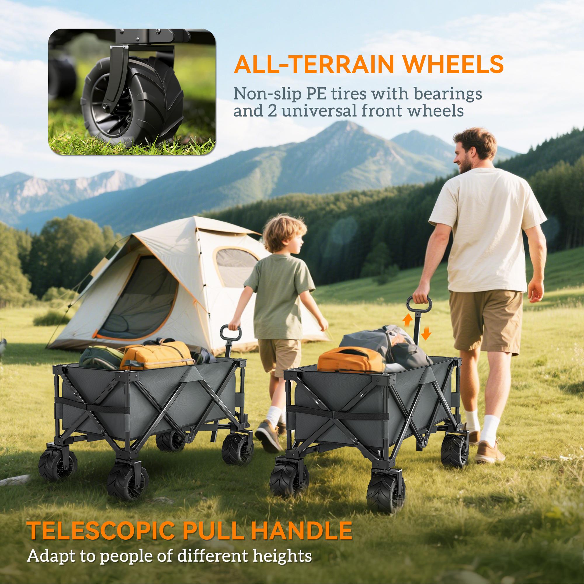 Outsunny handkar opvouwbare handkar 360° tuinwagen transportwagen met telescopisch handvat in hoogte verstelbare handgreep strandwagen metaal Oxford donkergrijs 108 x 53 x 59-89 cm