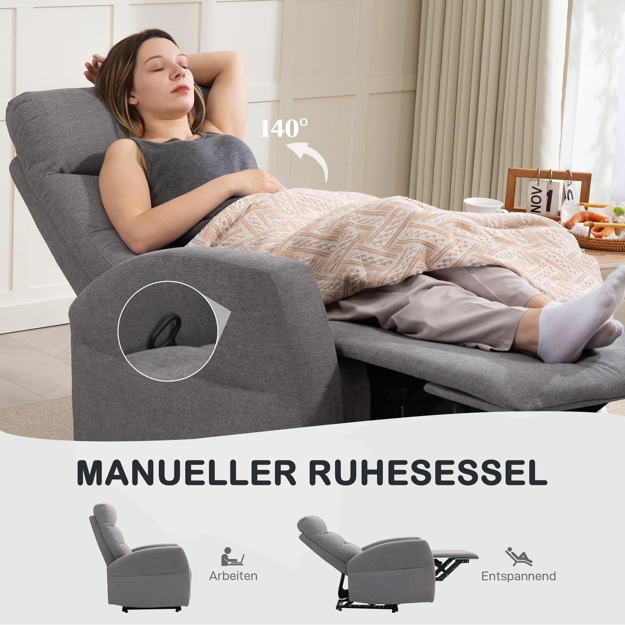 HOMCOM Verstelbare Relaxfauteuil met Voetsteun, Moderne Gepolsterde Stoel, Donkergrijs