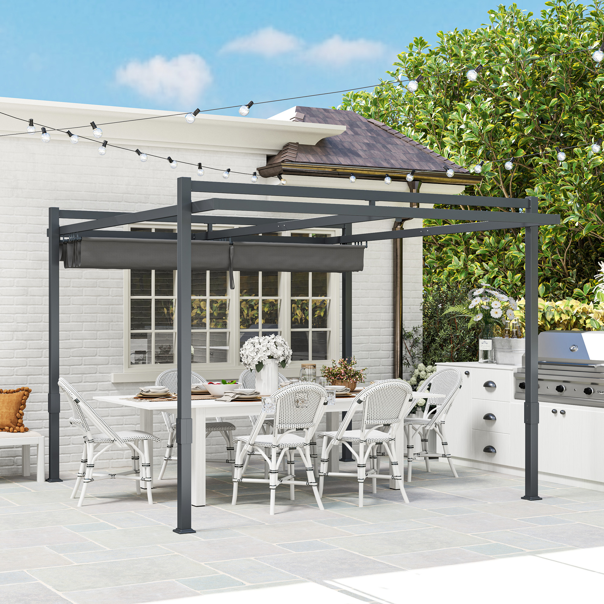 Outsunny Pergola met Schuifdak ca. 3,5x3m Aluminium Duurzaam Winterbestendige Zonwering Grijs