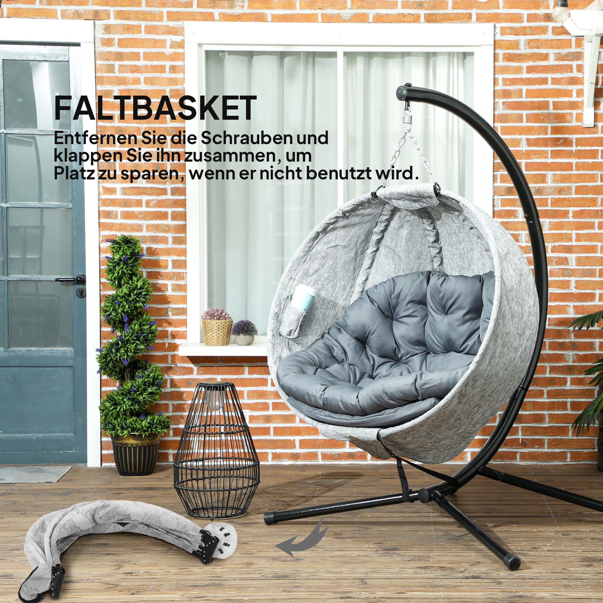 Outsunny Ei-vormige Hangmand, Hangstoel met Schommelfunctie en Opvouwbare Mand, Tuinstoel, Bekerhouder, Grijs